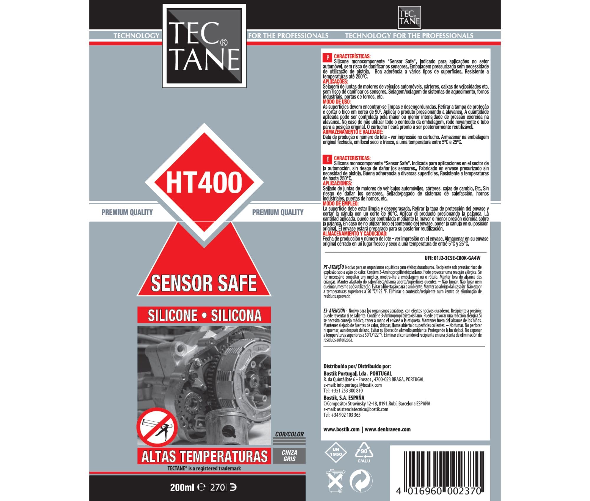 SILICONA ALTAS TEMPERATURAS HT 400 Gris, Formador Juntas Altas Temperaturas, Resistente a Aceites y Lubricantes, Buena Adhesión a Superficies, Resiste de -60 ºC a +250 ºC, Cartucho 200 ml