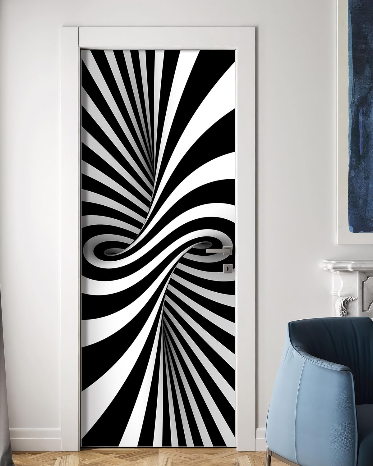 FLFK 3D Door Mural - Peel and Stick, Removable Self-Adhesive Black & White Modern Door Wallpaper for Home Decor, 30.3"W x 78.7"L, Set of 2 Sheets