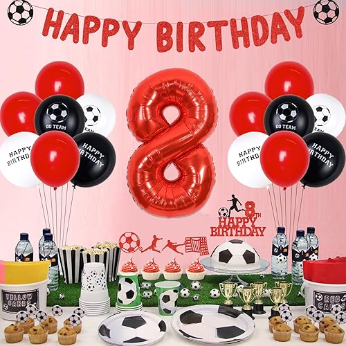 Miniatura 2 de Decoraciones de fútbol de 8 cumpleaños, decoraciones de cumpleaños de fútbol rojo, globos de fútbol de 8 cumpleaños, pancarta de feliz cumpleaños,