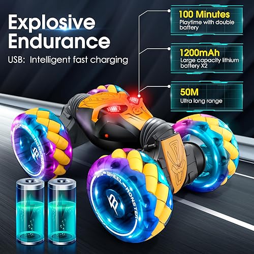 Miniatura 3 de AmazeFun Auto a control remoto, camión monstruo todoterreno 112, 2.4GHz 4WD Twist Stunt RC Car, juguete grande de doble cara, juguete de conducción