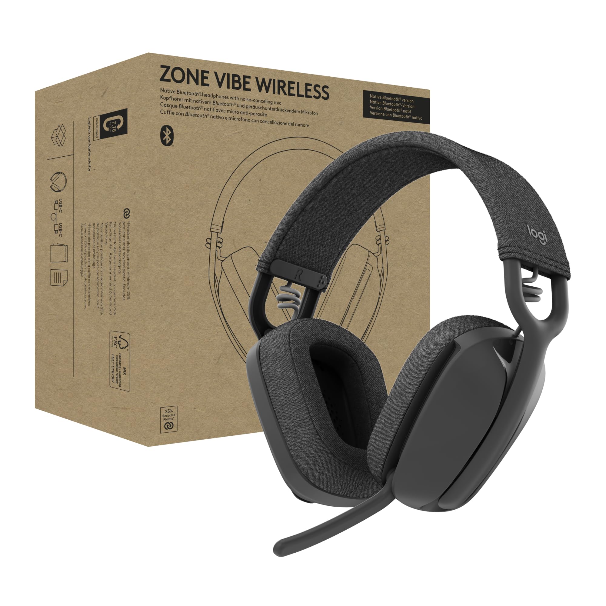 Logitech Zone Vibe Wireless Bluetooth Auriculares con micrófono con cancelación de Ruido, en Proceso de certificación para Microsoft Teams sobre Bluetooth Nativo, Mac/PC - Grafito