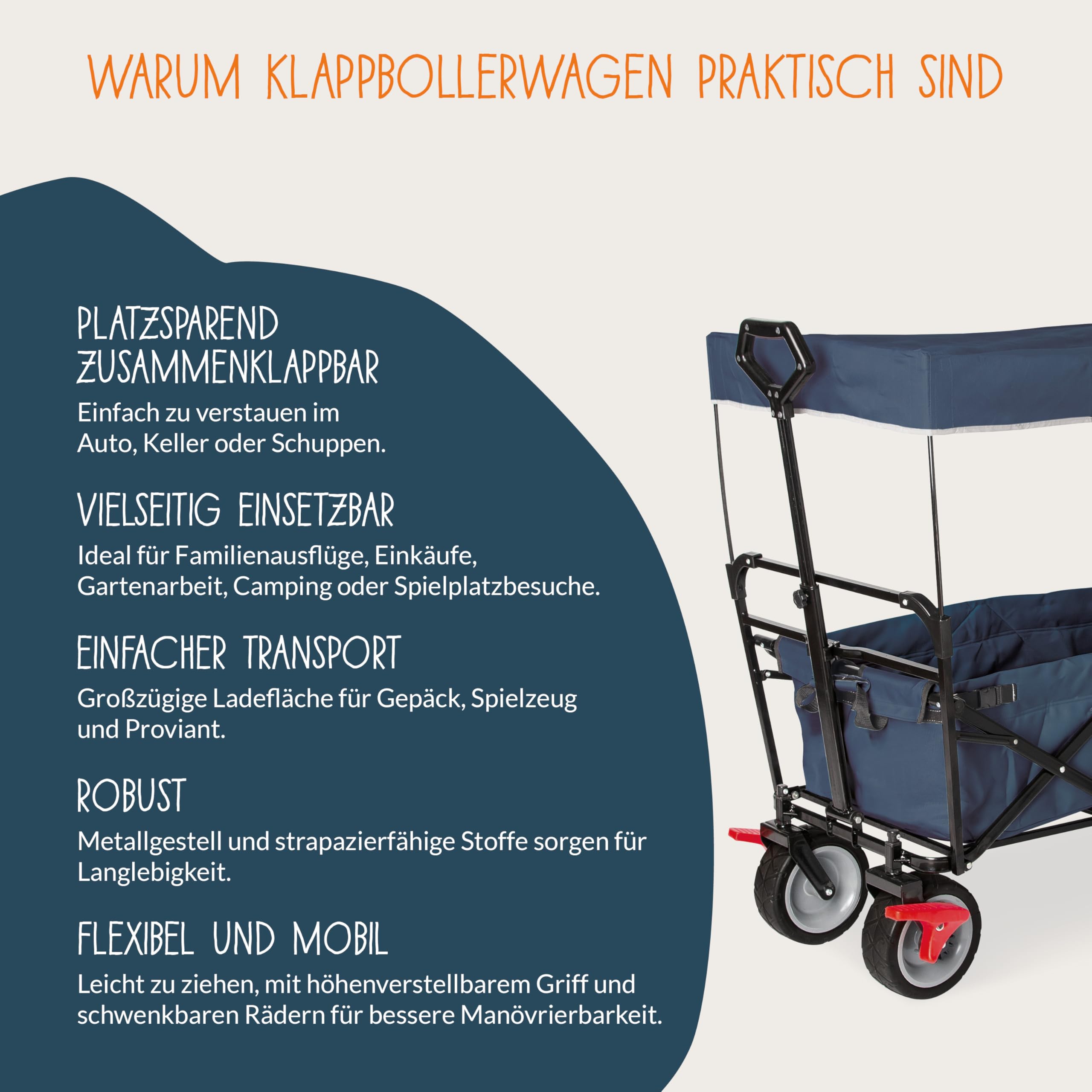 Pinolino 238021 Klappbollerwagen Paxi DLX Comfort mit Bremse, Sonnendach, Tragetasche, komfortabler Schiebegriff, Tragfähigkeit 70 kg, Marineblau, 134 x 59 x 102