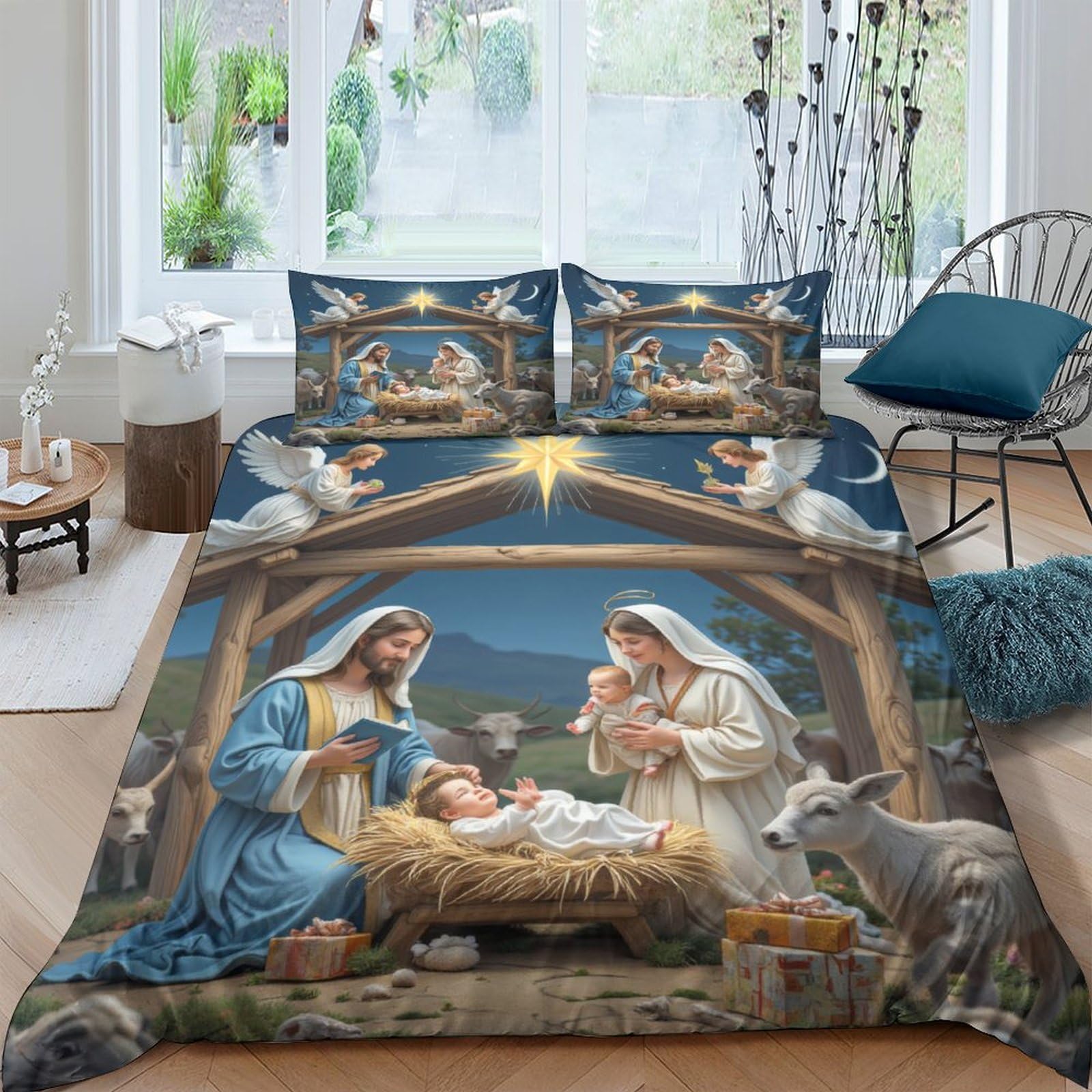 Ctjqhvkz Style-4 3D Printed Nativity Scene Fitted Sheet Microfiber Christmas Religious Bed Cover For Bedroom Dorm Mattress Decor Single（135X200cm）