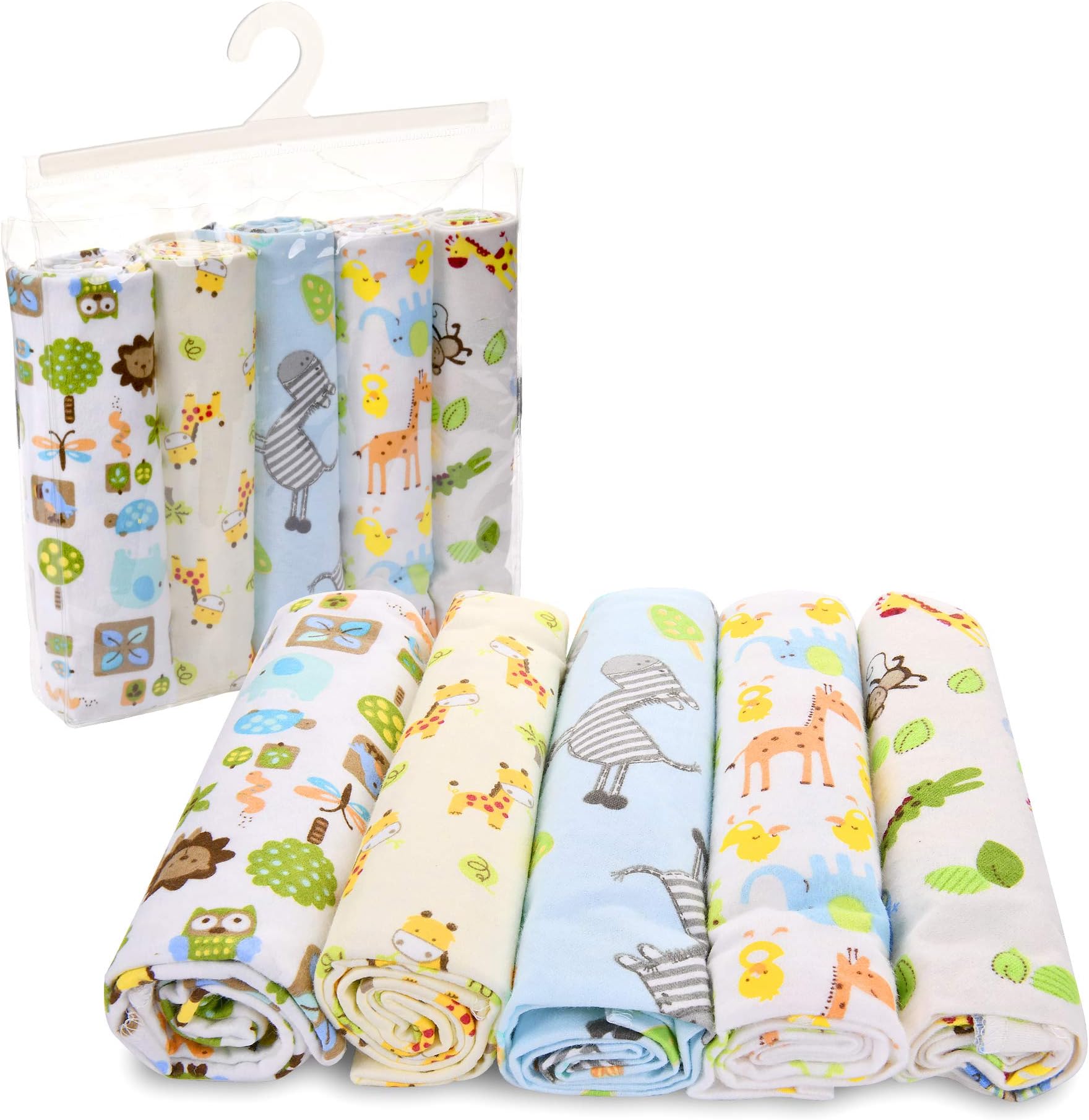 RAPHARY Unisex Muslin Receiving Swaddle Blankets -5 Pack Baby Receiving Blanket Set - Zoo Animals Baby Blankets - Baby Blankets for Boys - Baby Blankets for Girls