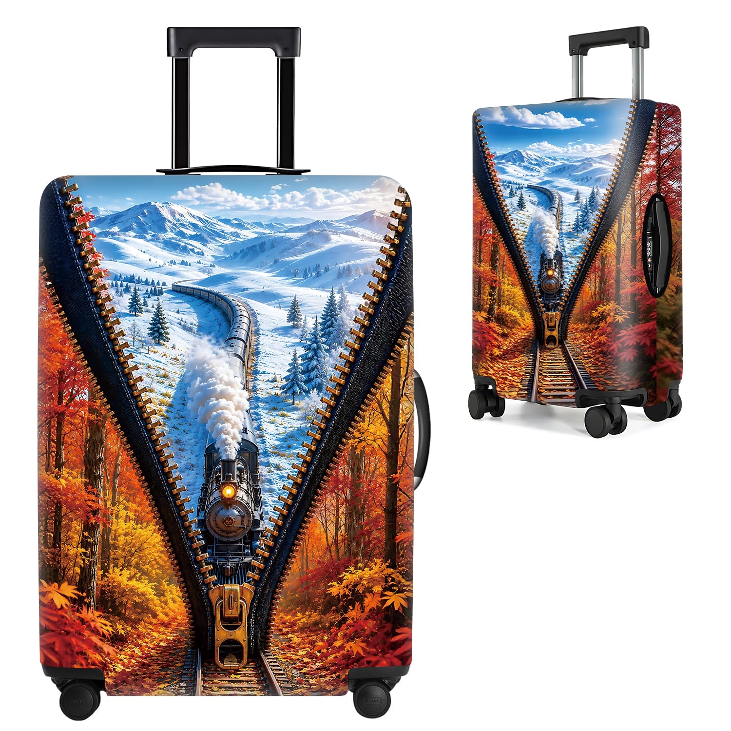 Scenic Train Zipper Illusion Luggage Cover Protective Suitcase Protector, Winter &amp; Autumn Landscape Elastic Washable Travel Baggage Cover Fits 24-26 Inch Suitcase, Cool Steam Locomotive Design,M