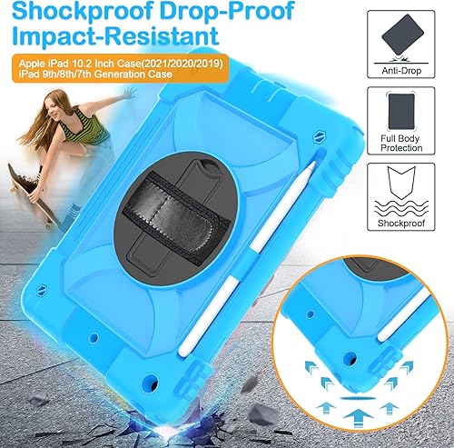 Miniatura 5 de BMOUO Funda para iPad de 987 generación de 10.2 pulgadas, a prueba de golpes, con soporte giratorio de 360 grados, correa de hombro y mano para iPad