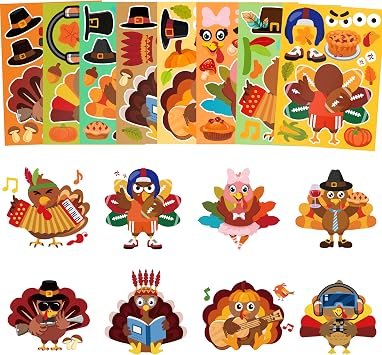 56 Sheets Thanksgiving Crafts Stickers, Thanksgiving Make-A-Turkey Face Stickers Give Thanks Activities Party Games Favors Gifts Supplies 8 Designs