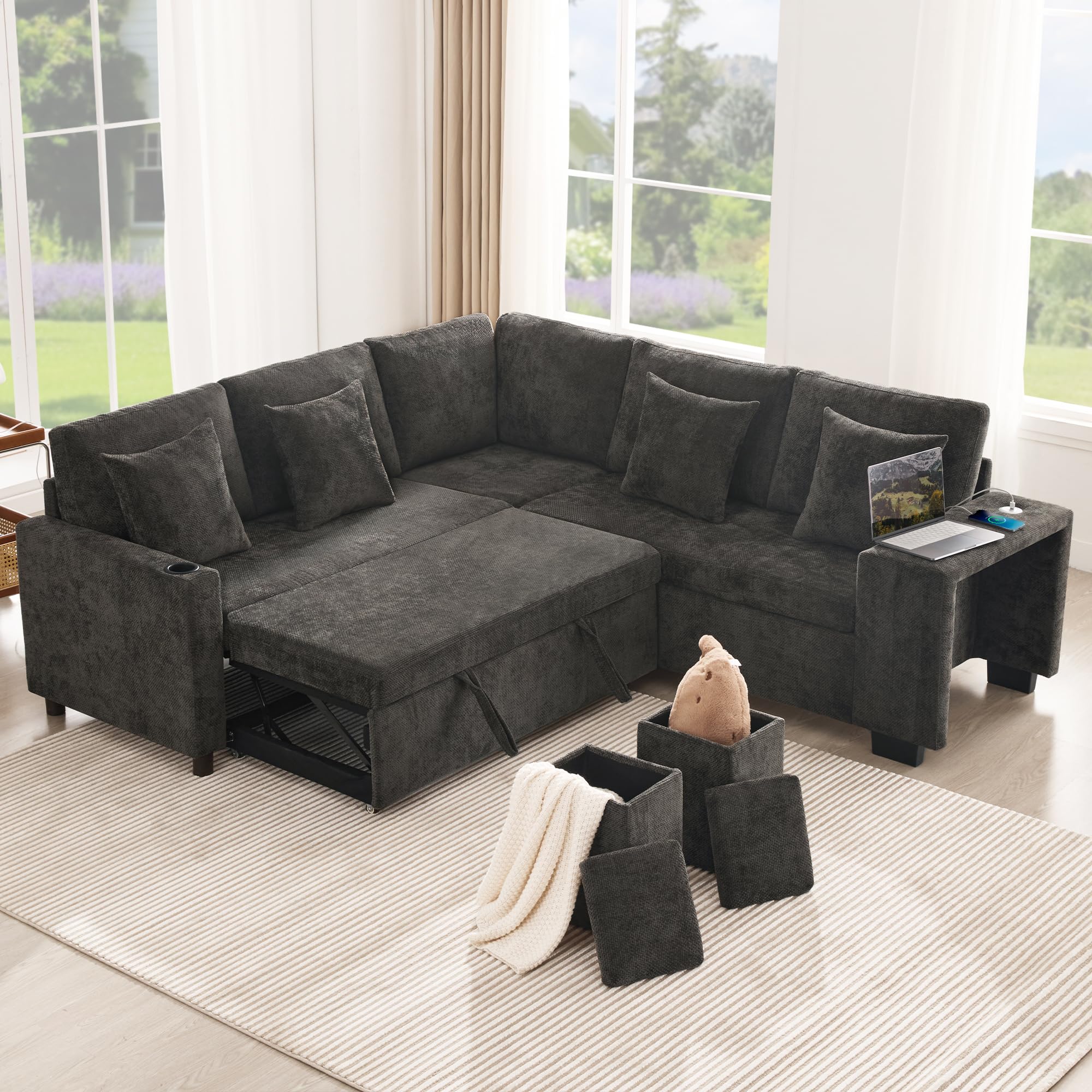 Sofa narożna z funkcją spania i miejscem do przechowywania – modułowa sofa i sofa z funkcją spania, USB-C, uchwyt na napoje, szenilowy, w zestawie poduszki, do salonu, kina domowego, szara