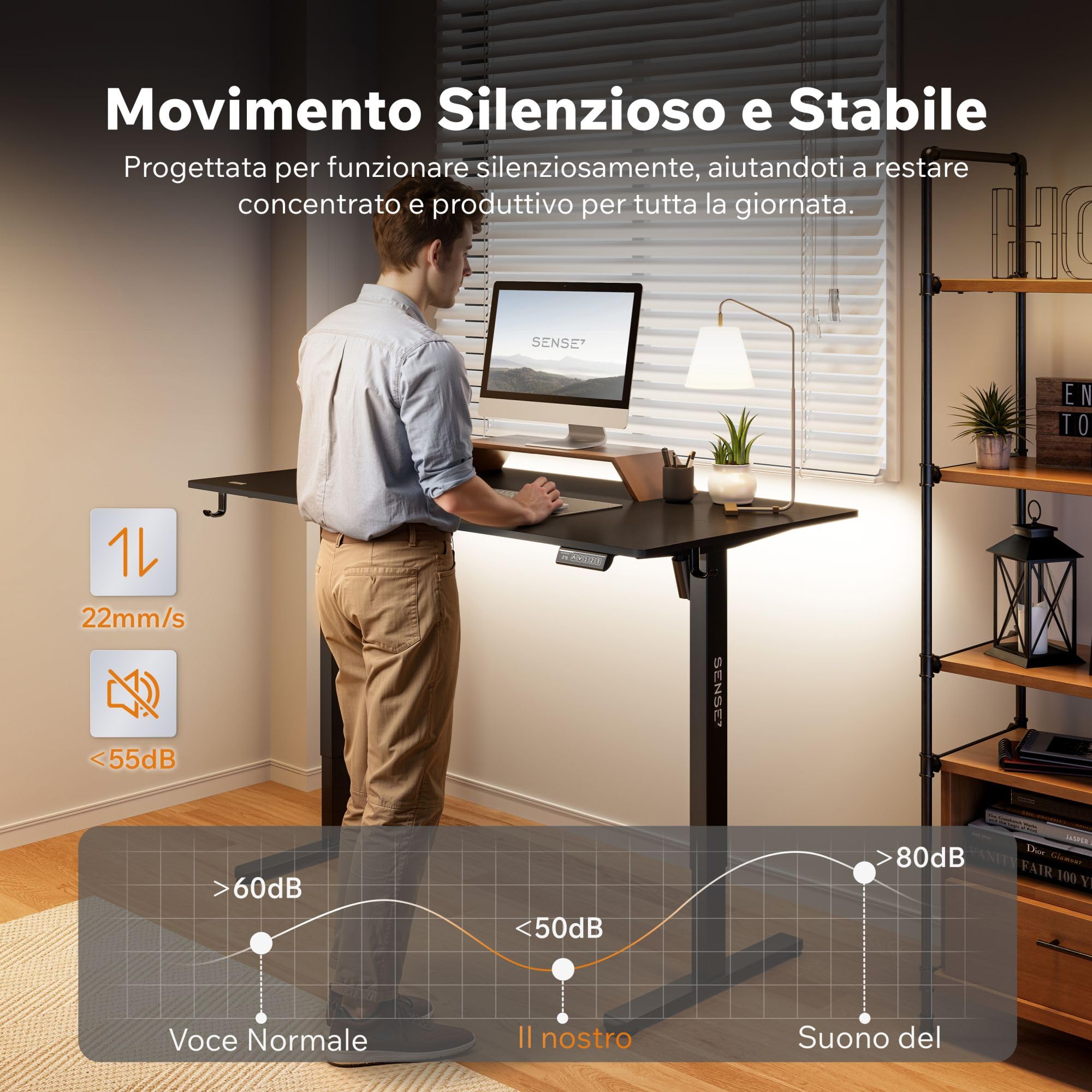 SENSE7 Nojo Light Scrivania Elettrica Nera 140x70cm, Portata 70kg – Grande Scrivania Ergonomica con Memoria e Motore Silenzioso – Ideale per Gaming e Ufficio