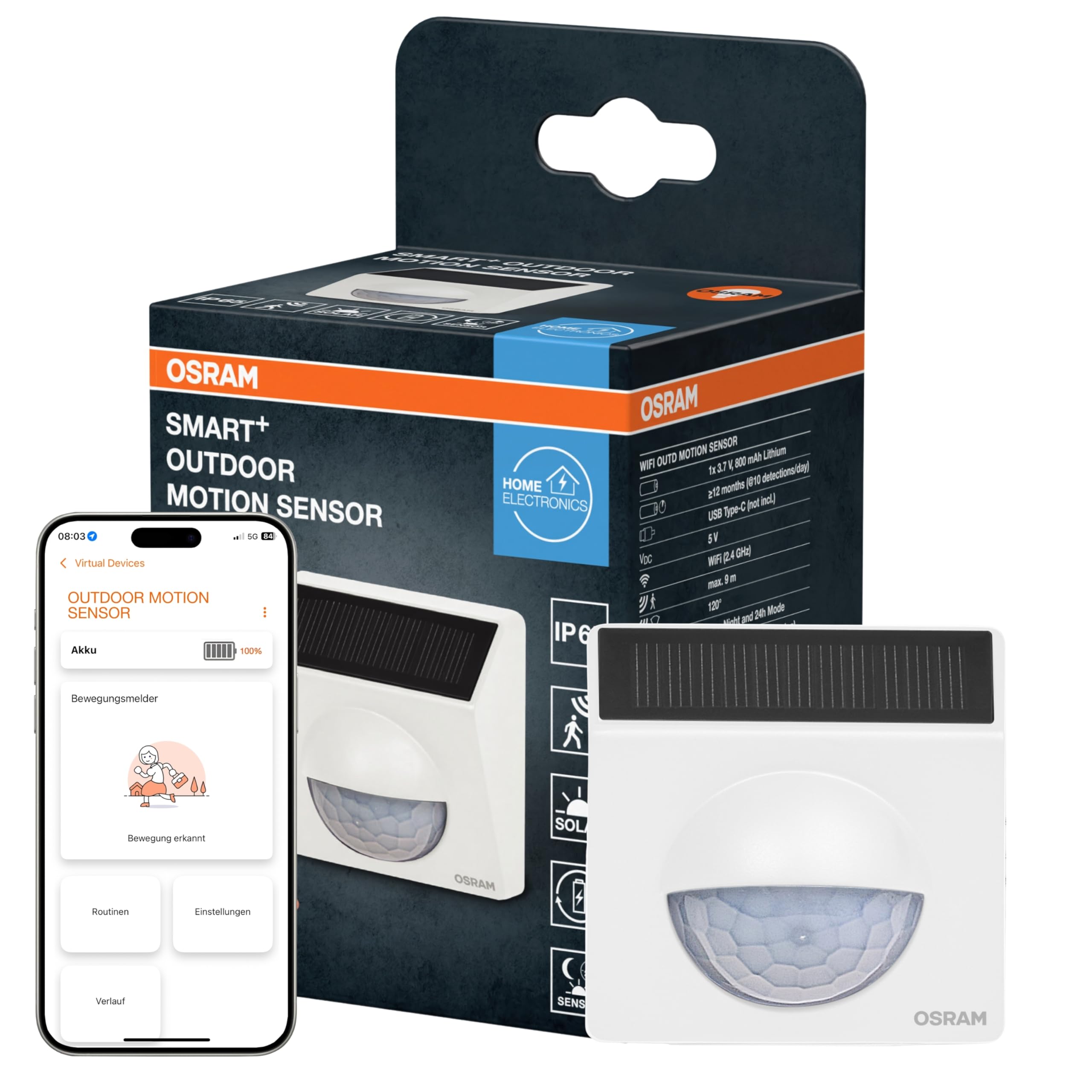 OSRAM Smart+ Outdoor-Bewegungsmelder Outdoor-Bewegungsmelder mit IP65-Schutz, Solarzelle und App-Steuerung