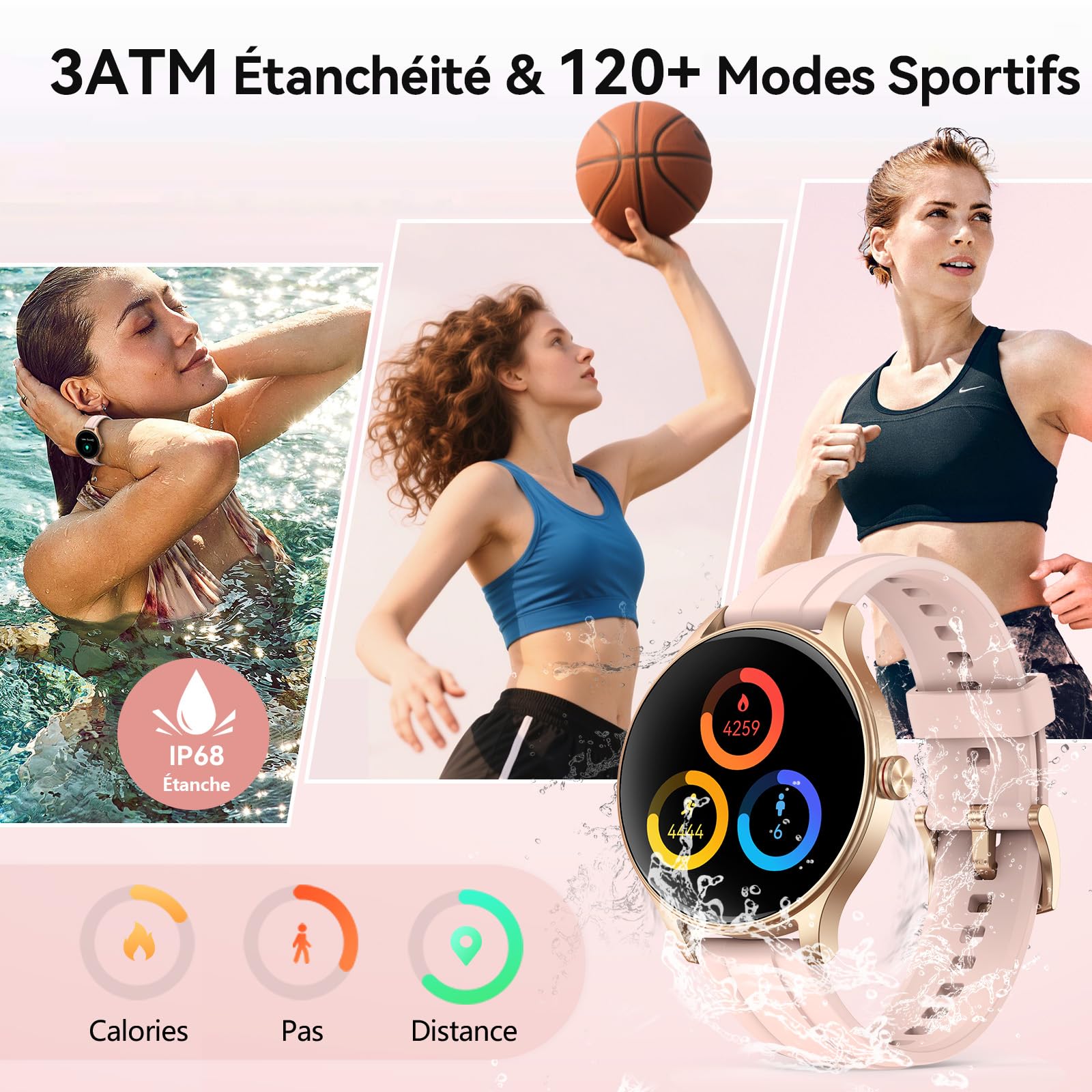 Montre Connectée Femme Smartwatch 1.57" Appel Bluetooth Surveillance Fréquence Cardiaque Sommeil 3ATM étanche 120+ Modes Sport Podometre