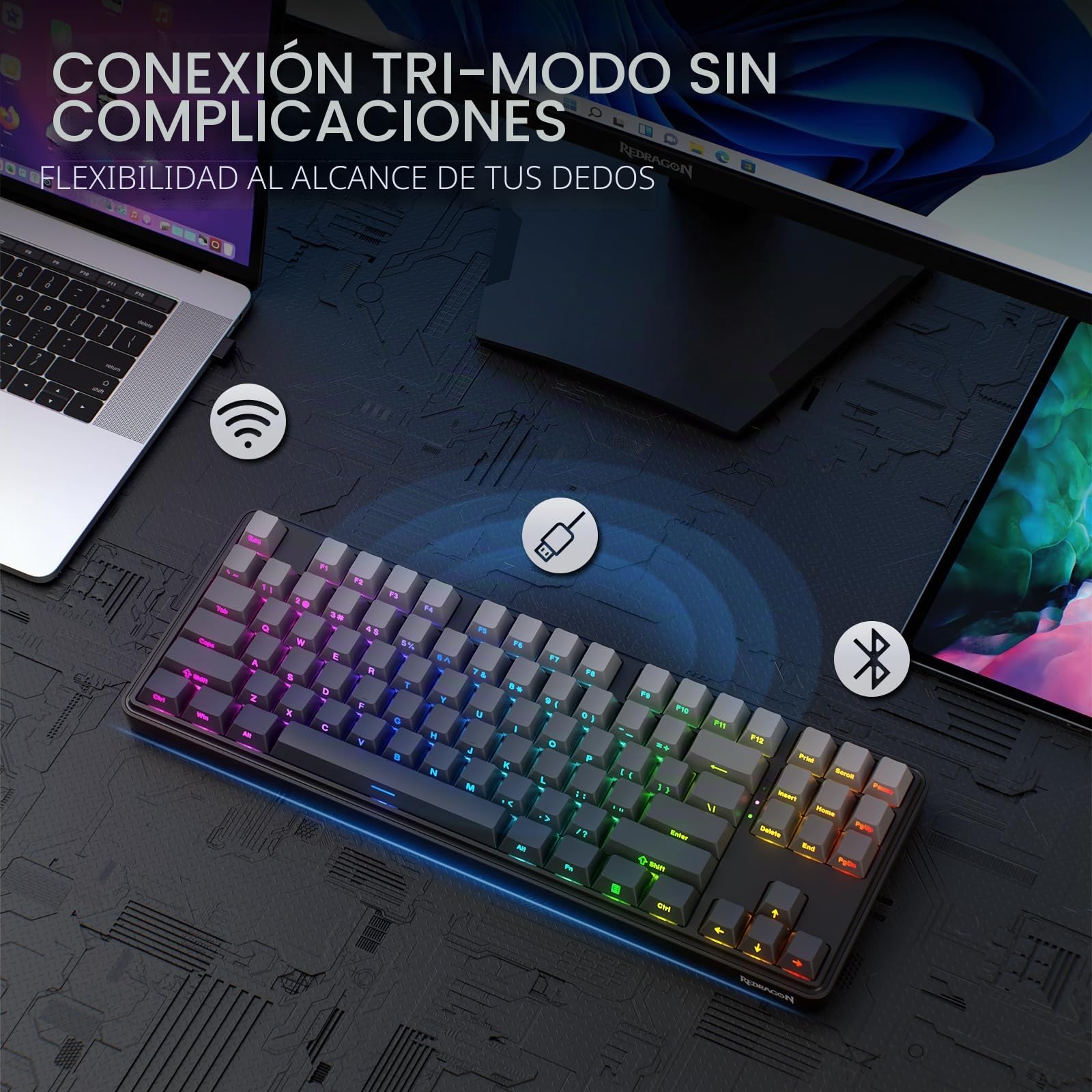Redragon K707 Pro GB Teclado Gaming RGB Gasket 80% TKL Metal Inalámbrico | 3 Modos Hot Swap LEDs Hacia Abajo Teclas PBT Gradiente 5 Capas Amortiguación Interruptor Lineal US Layout