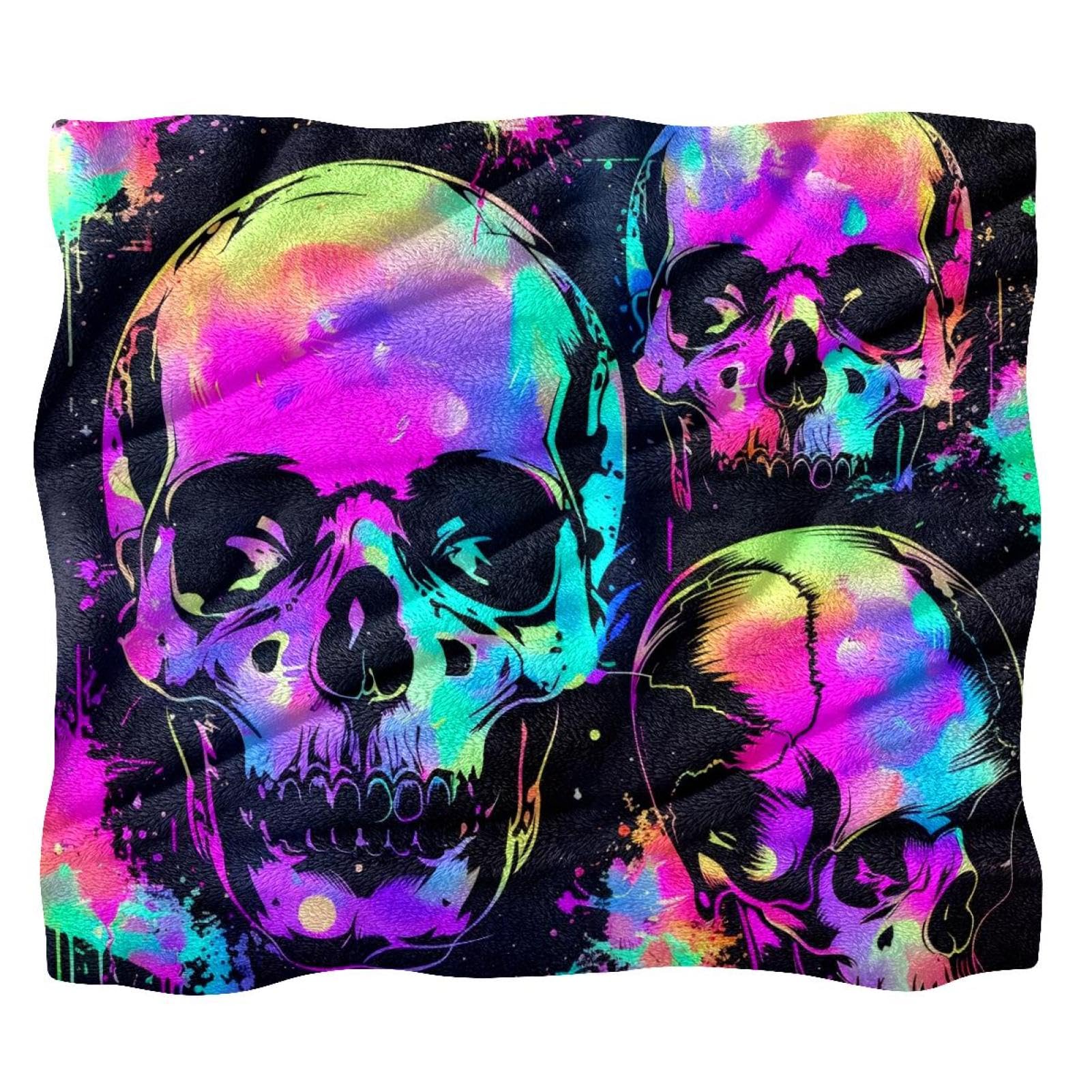 Coperta in pile con teschi con spruzzi al neon – morbida e leggera peluche accogliente – perfetta per letto, divano, divano, viaggi, campeggio, 150 x 200 cm