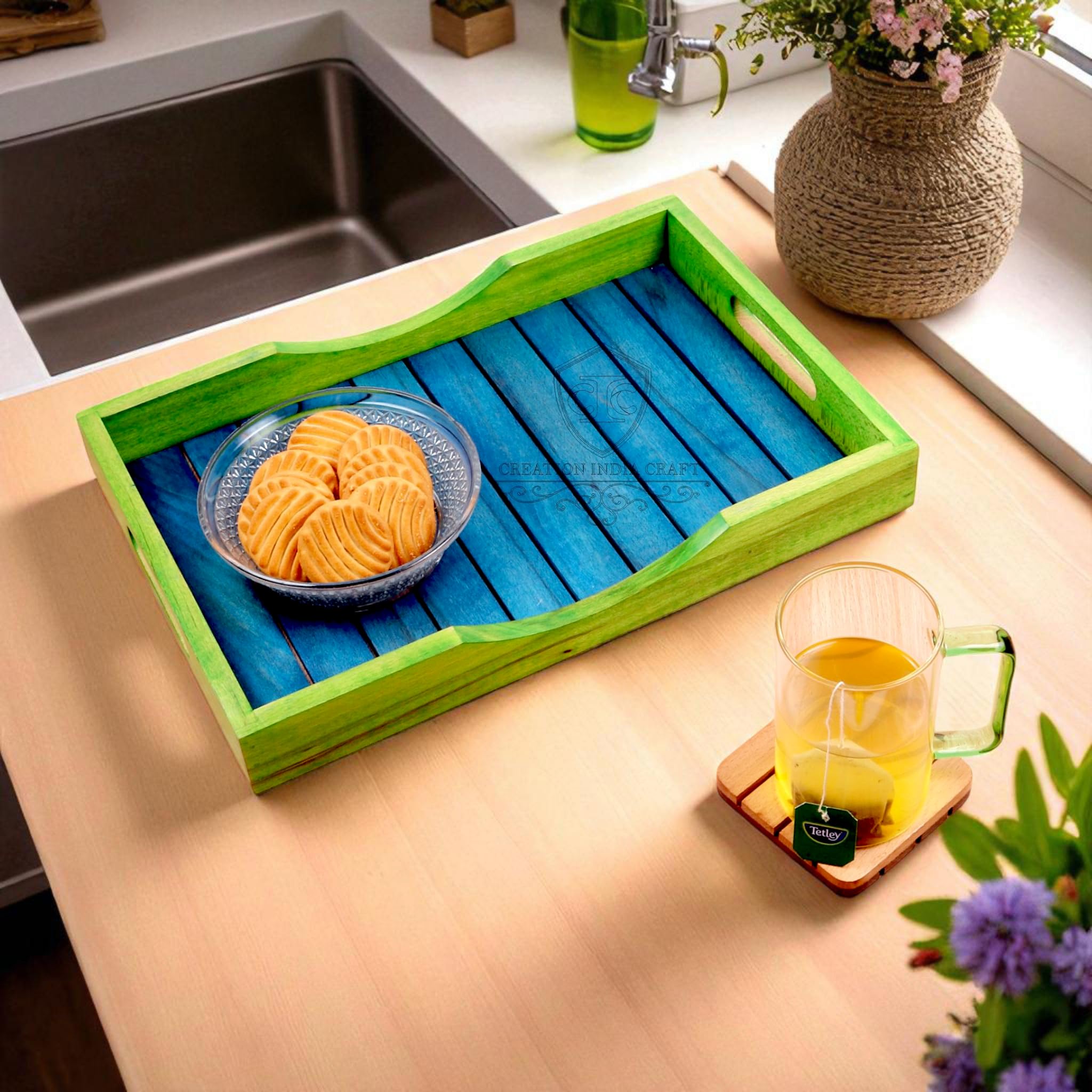 Plateau en bois pour décoration de table de salle à manger, cuisine, dîner, collation, café, plateau multifonction (bleu)