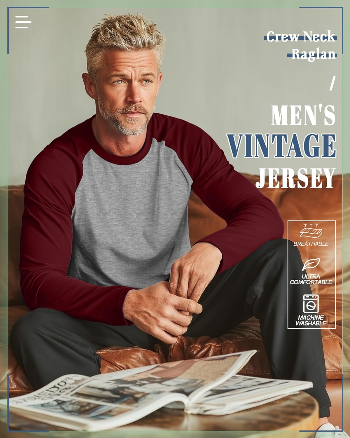 Huukeay 3 Pack Men's Long Sleeve Baseball Shirts, Crew Neck Raglan Casual Vintage Jersey Sport Tee Tops