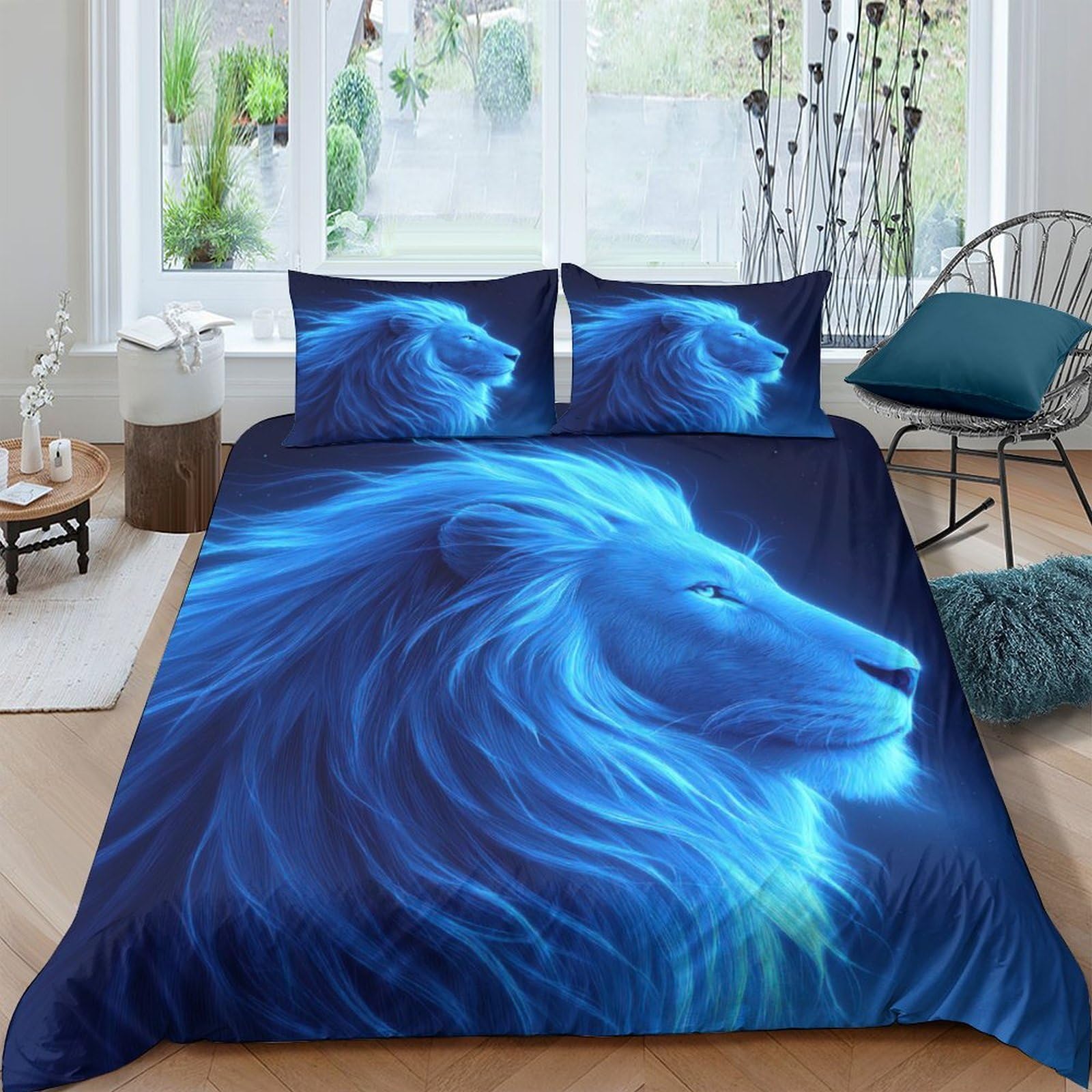 Ctjqhvkz Style-4 3D Printed Blue Lion Fitted Sheet Microfiber Soft Breathable Wild Animal Bed Cover For Bedroom Guest Room Decor Single（135X200cm）