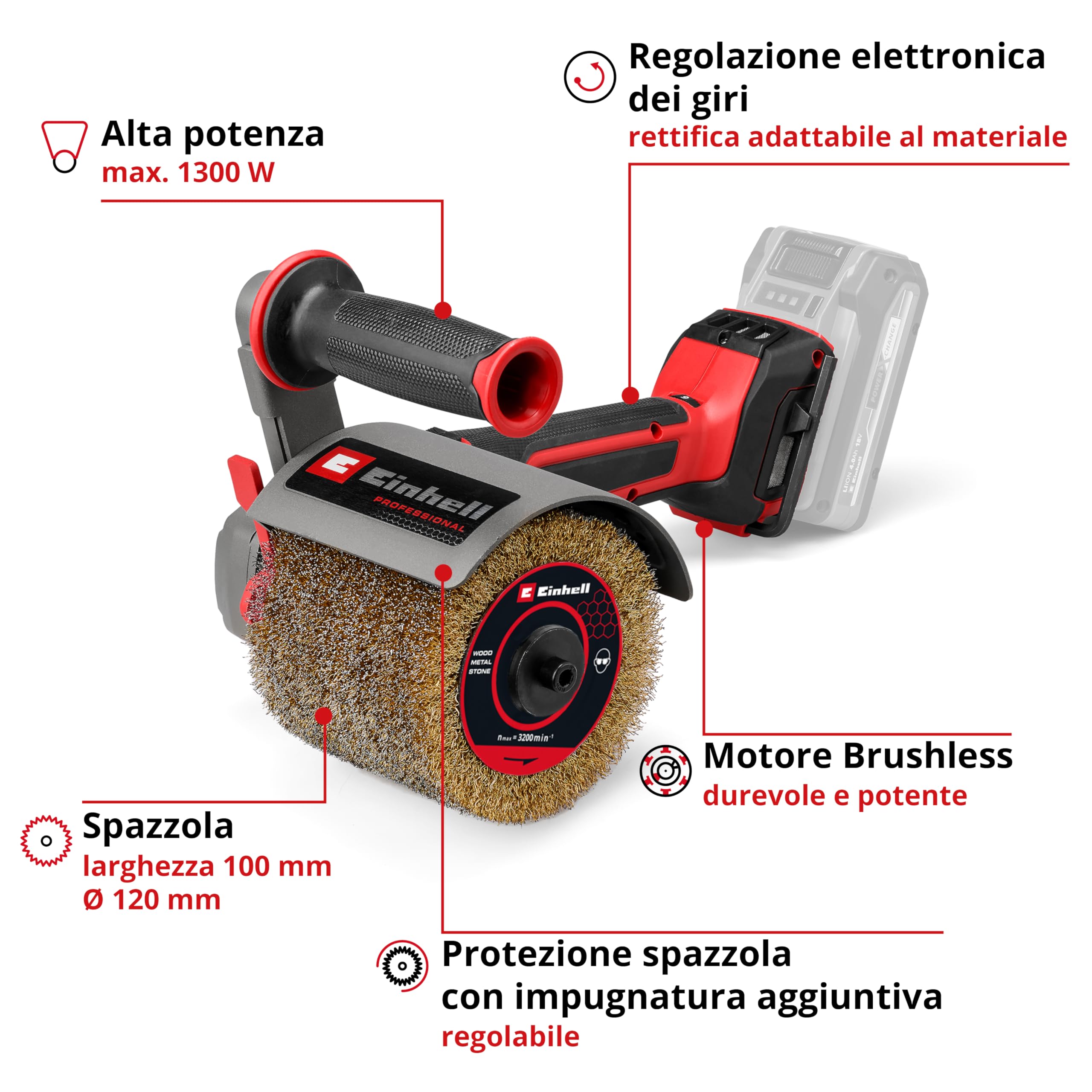Levigatrice a spazzola Einhell Professional TP-BR 18/32 Li BL-Solo PXC (18 V, 1300 W, Brushless, max 3.200 giri/min. per spazzole da 120 mm, inclusa spazzola in fibra sintetica, batteria esclusa)