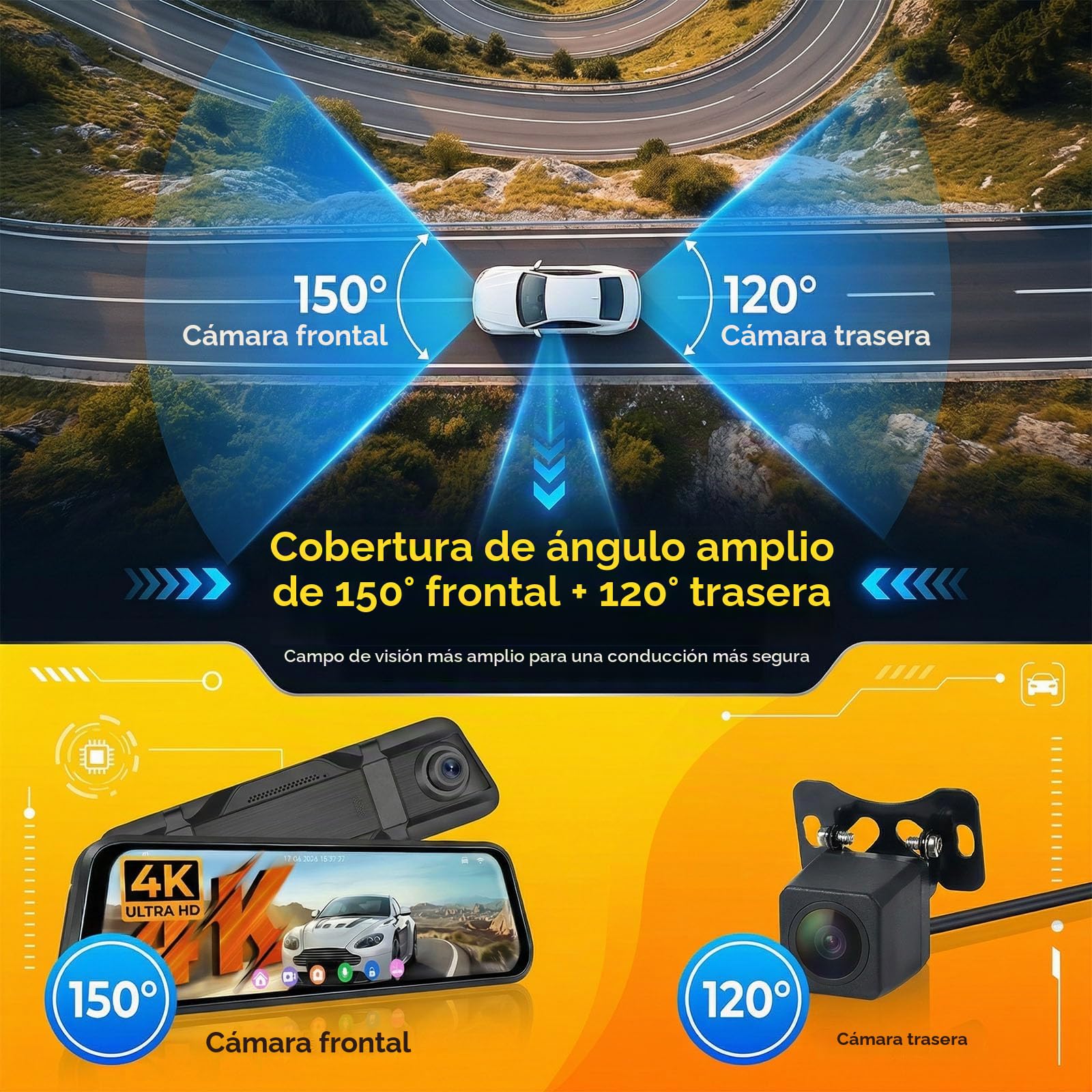 SIXTOP Cámara de Salpicadero Espejo 9,66 Pulgadas y Cámara de Visión Trasera | 4K Frontal + 1080p Trasera | Visión Nocturna WiFi y Control Aplicaciones BSD LCA Sensor G Grabación en Bucle