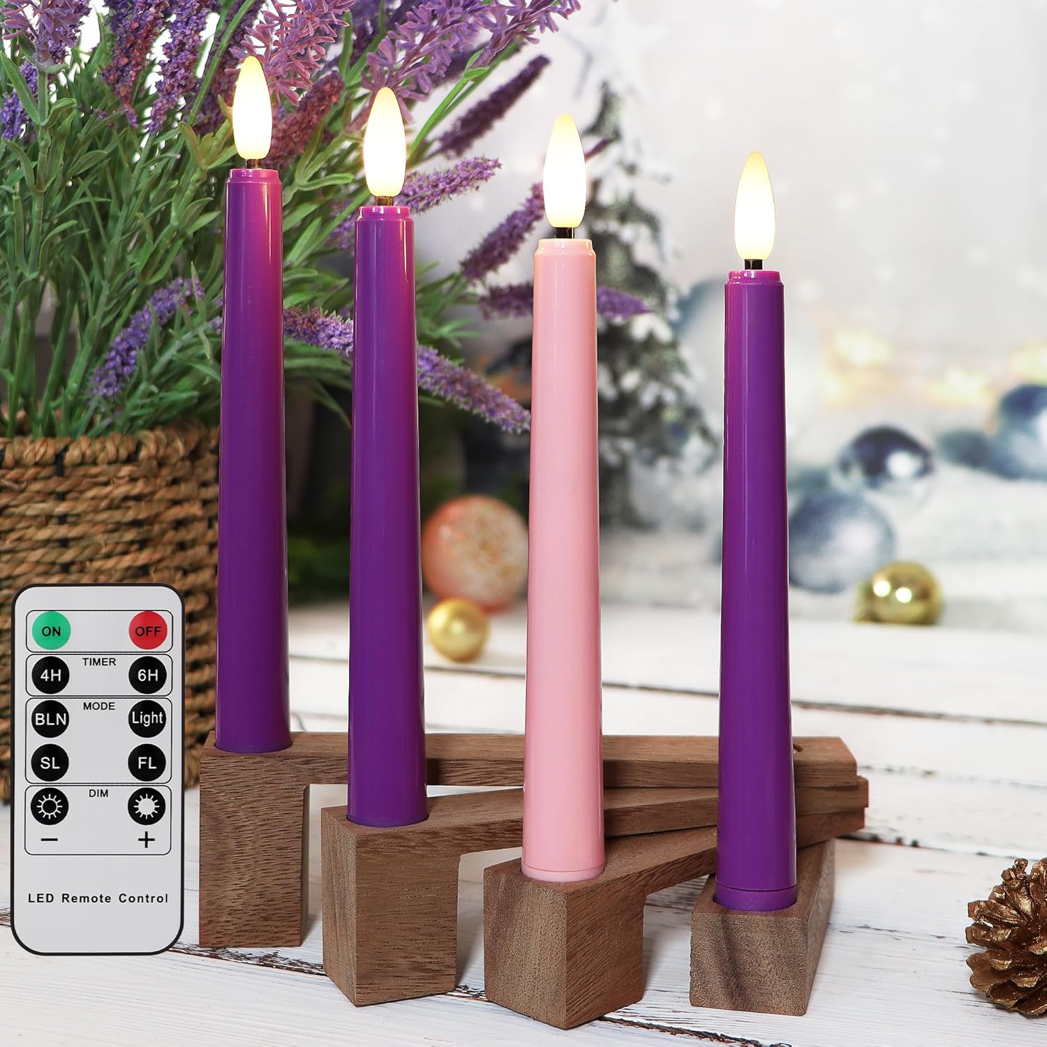 yunsheng フレームレスアドベントキャンドル パープルとピンク 木製キャンドルベース付き 8インチ 電池式 LED アドベント