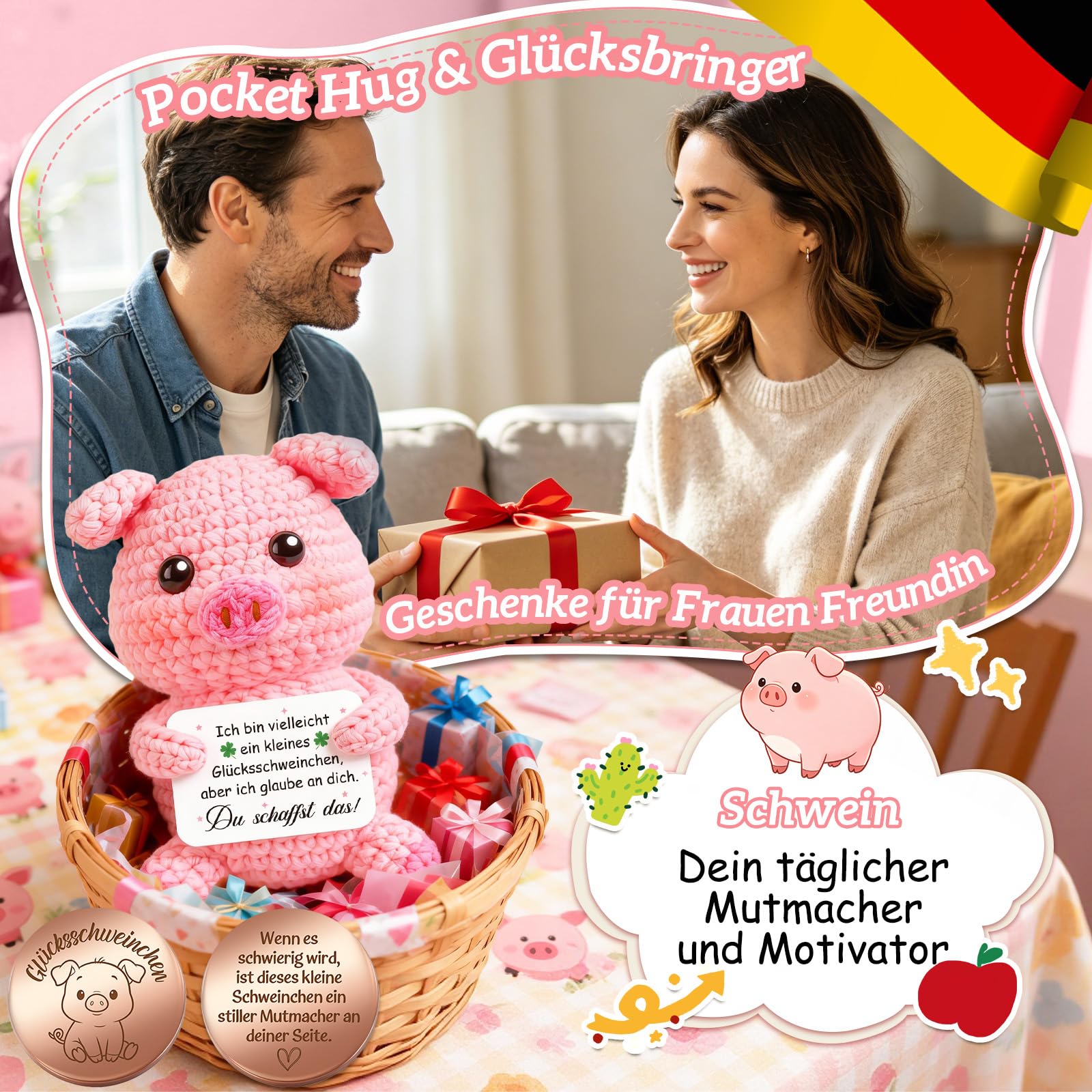 Giftota Pocket Hug Glücksschweinchen - Handgehäkelter Positive Schwein mit Glücksmünze & Lederetui - Gute Besserung Geschenk - Lustige Mutmacher Geburtstag Geschenkidee für Beste Freundin Schwester - 4