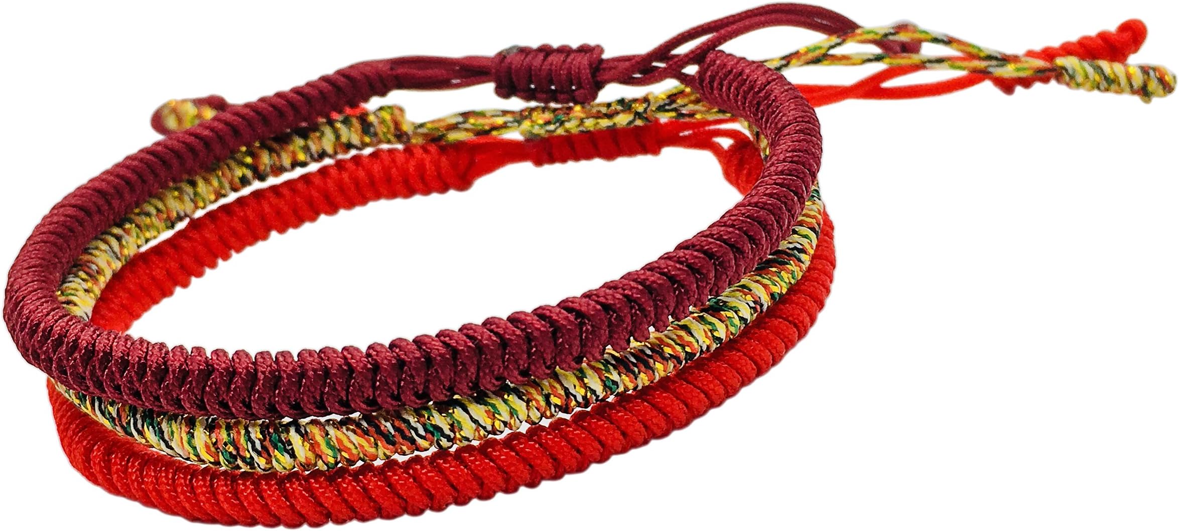 Reclaiming Zen Handmade Tibetan Lucky String Knot Bracelet - Set of 3 Red, Deep Red, Multi-Golden