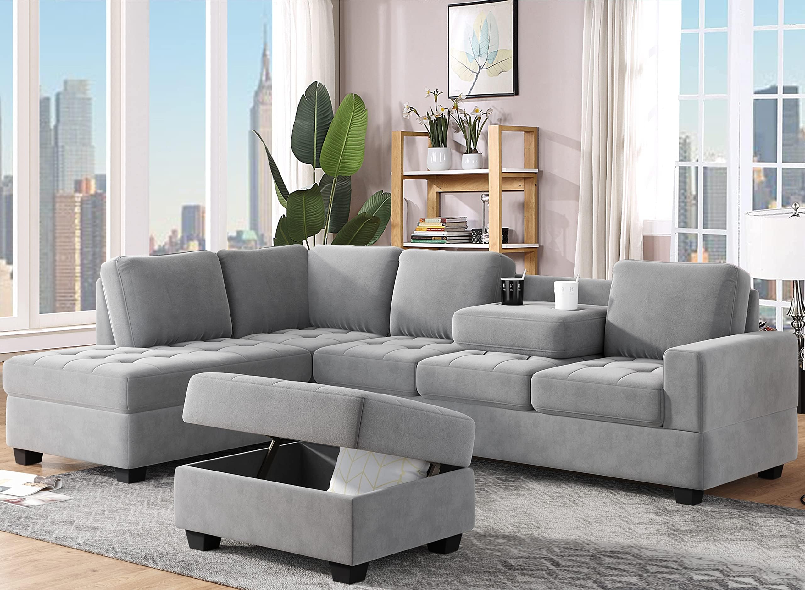 UBGOL-Shaped Sectional Sofa with Convertible Chaise Longue with Storage Footrest and 2 Cup Holders, Velvet Upholstered Sofa for Living Room Office Apartment, Gray