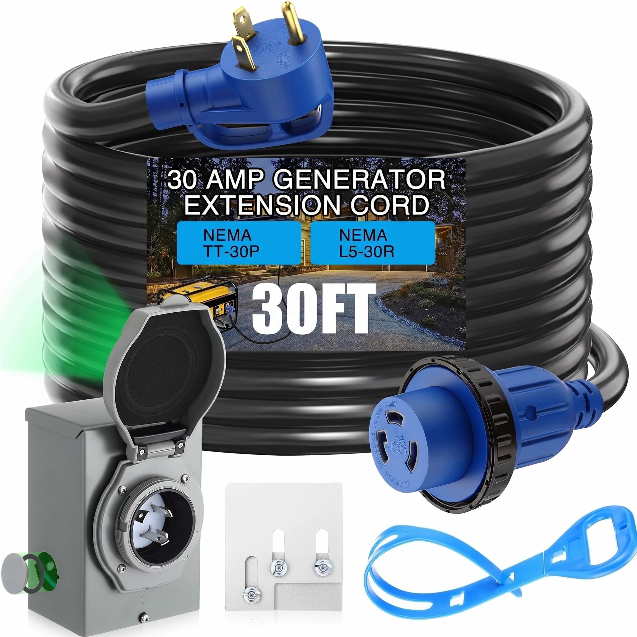 Xuhal 30 FT 30 Amp Generator RV Extension Cord and Pre-Drilled Power Inlet Box 3 Prong Compatible with NEMA TT-30P/L5-30R 125V/250V Cord with Generator Interlock Kit to House STW 10 Awg, Etl Listed