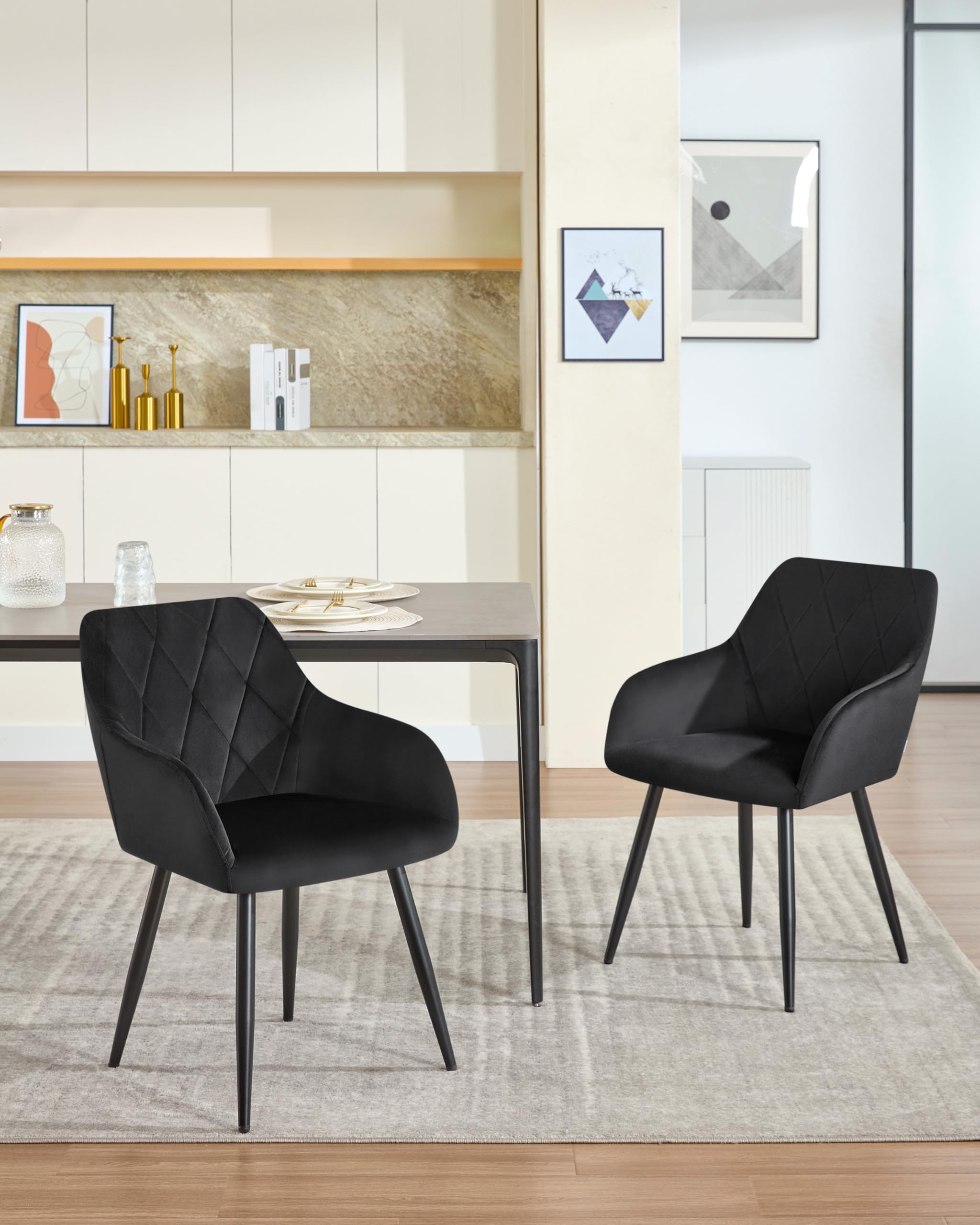 WOLTU Set di 6 Sedie per Sala da Pranzo Imbottita, Poltroncina in Velluto,Sedia da Cucina con Braccioli e Schienale, Gambe in Metallo, Nero,