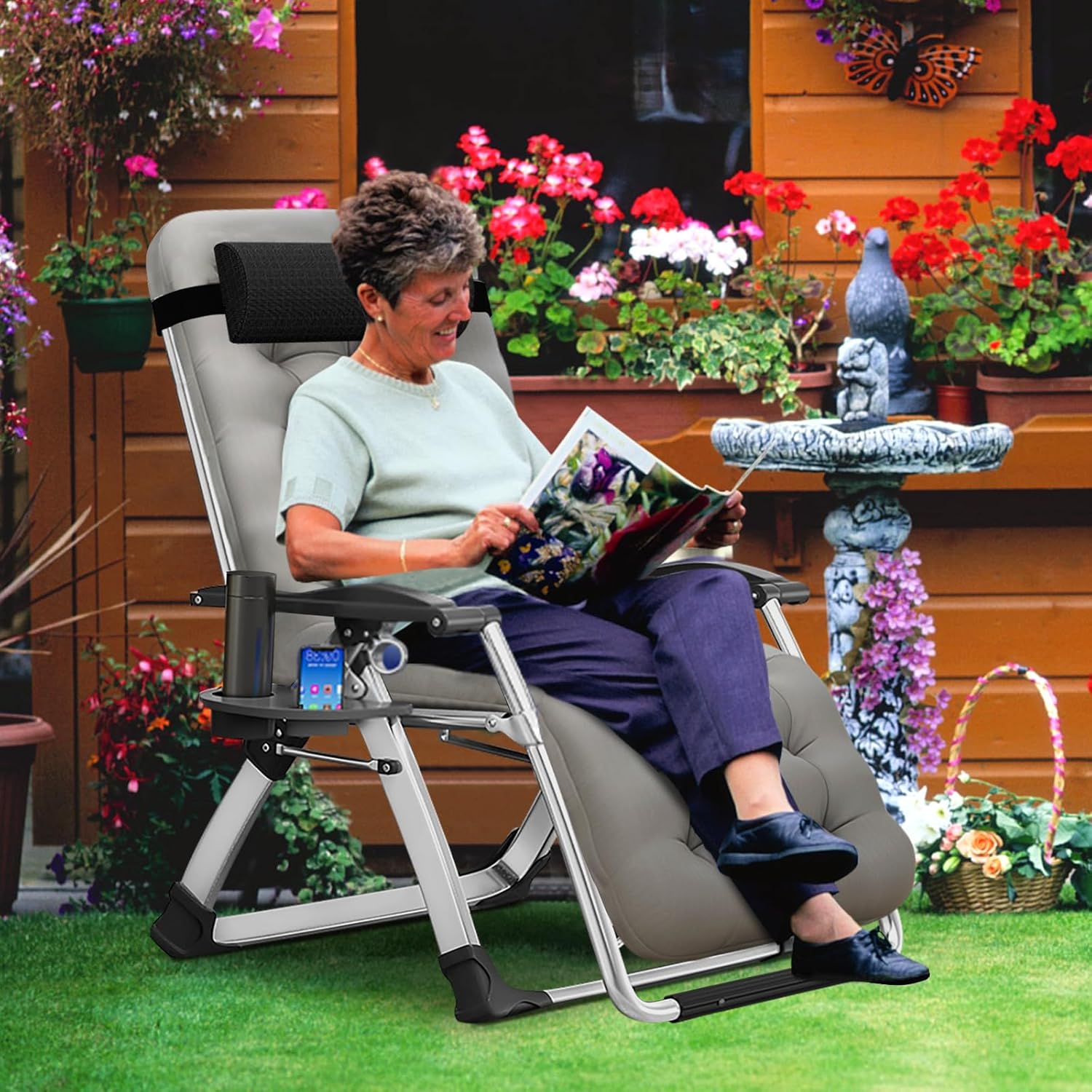 MOPHOTO Zero Gravity Chair, Outdoor Padded Lounge Chair with Side Table, Zero Gravity Recliner Chair, Outdoor Reclining Chair, Sturdy & Comfortable, Supports up to 440lbs