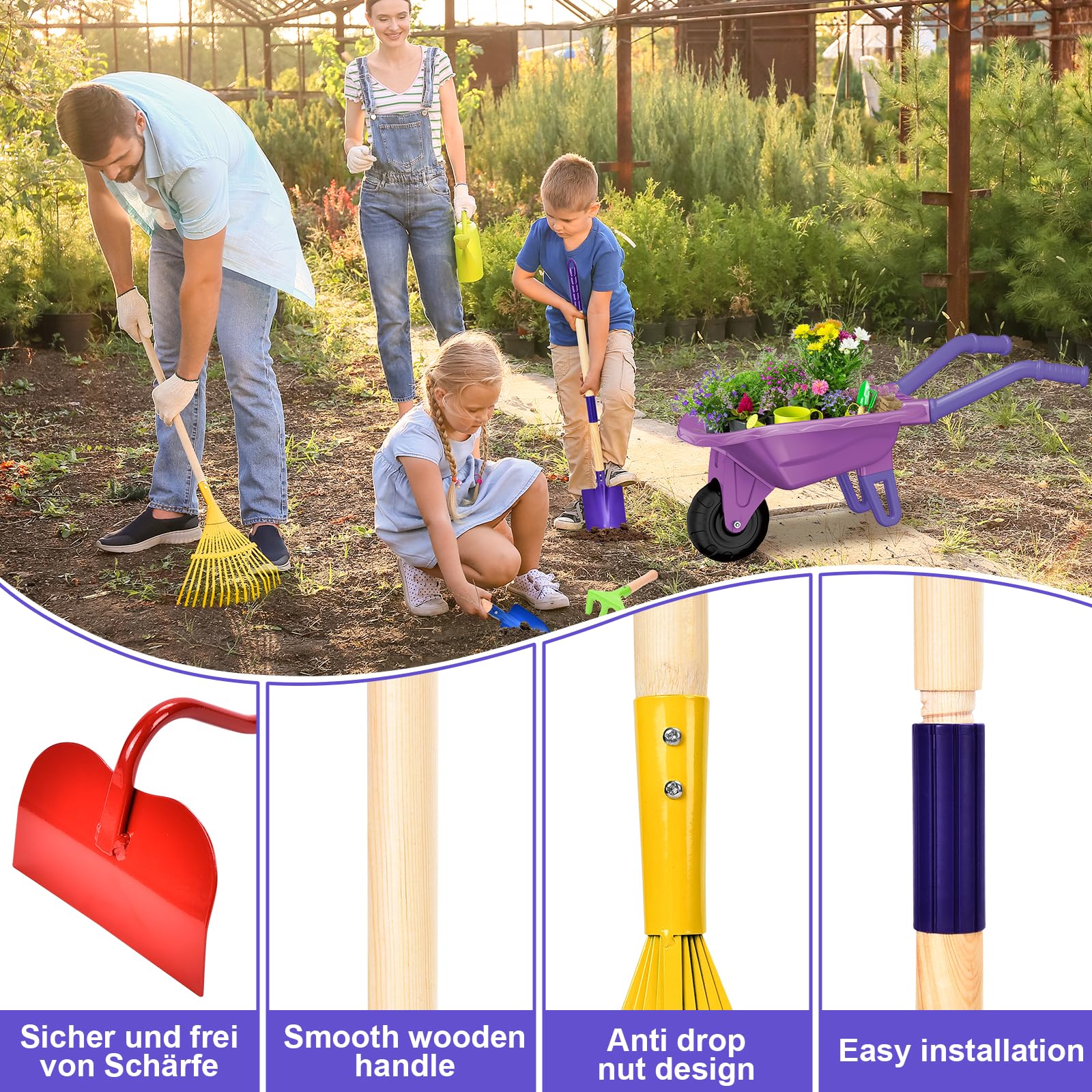 JONRRYIN Set de Jardinería con Carretilla, Herramientas y Guantes para Niños - Incluye Pala, Rastrillo y Accesorios, Carretilla de Jardín, Juego de Exterior para Pequeños Jardinería (Morado)