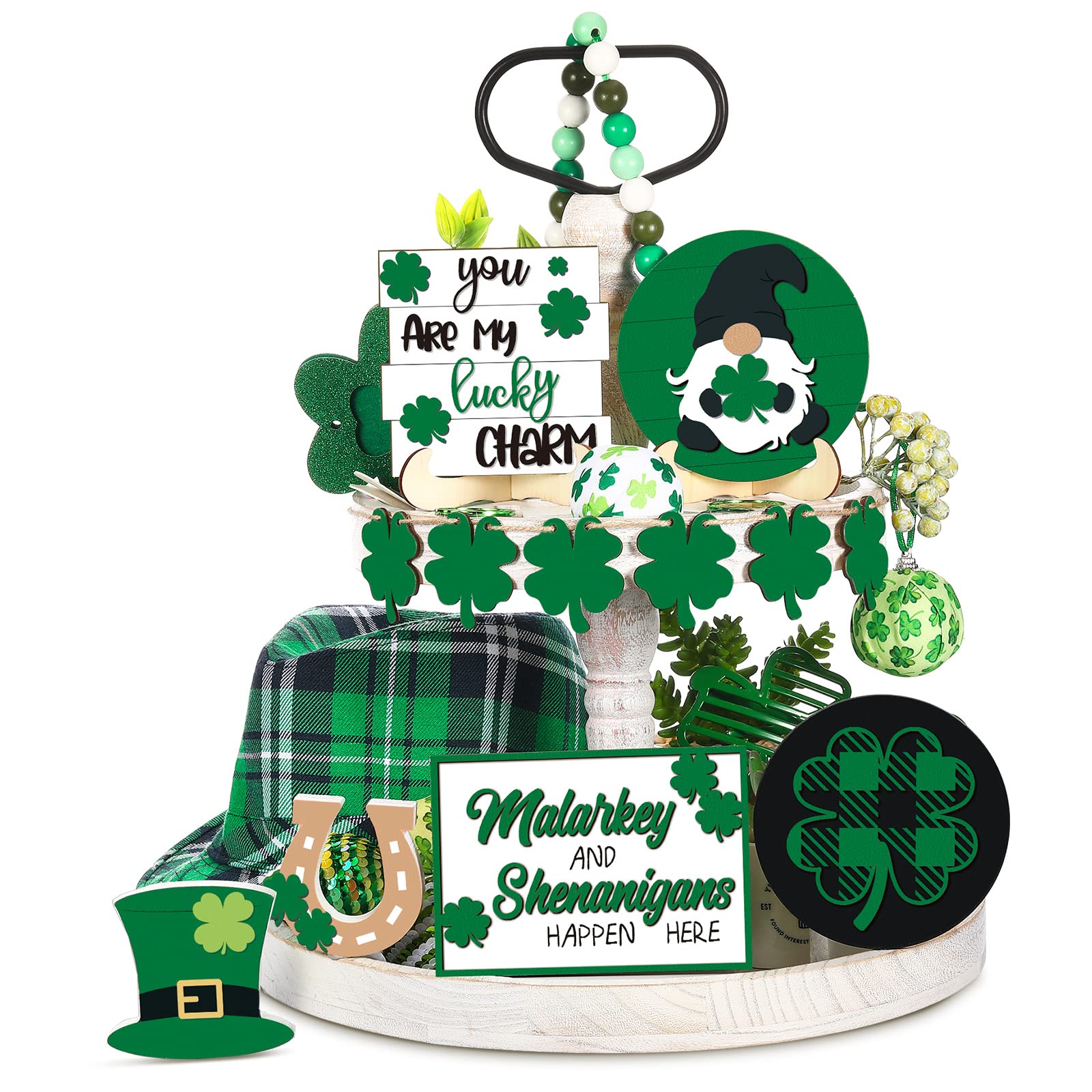 st. patrick's day tiered tray decor set include rustic shamrock gnome truck wood sign cutout letter sign for st. patrick's day table home kitchen bar decoration (green style, 12 pcs)