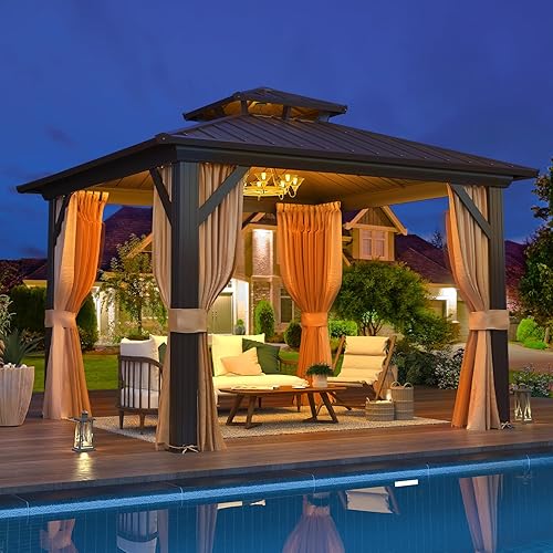 Miniatura 8 de EROMMY Gazebo de techo rígido de 10 x 10 pies, cenador de techo doble de acero galvanizado con marco de aluminio, pabellón permanente de metal para