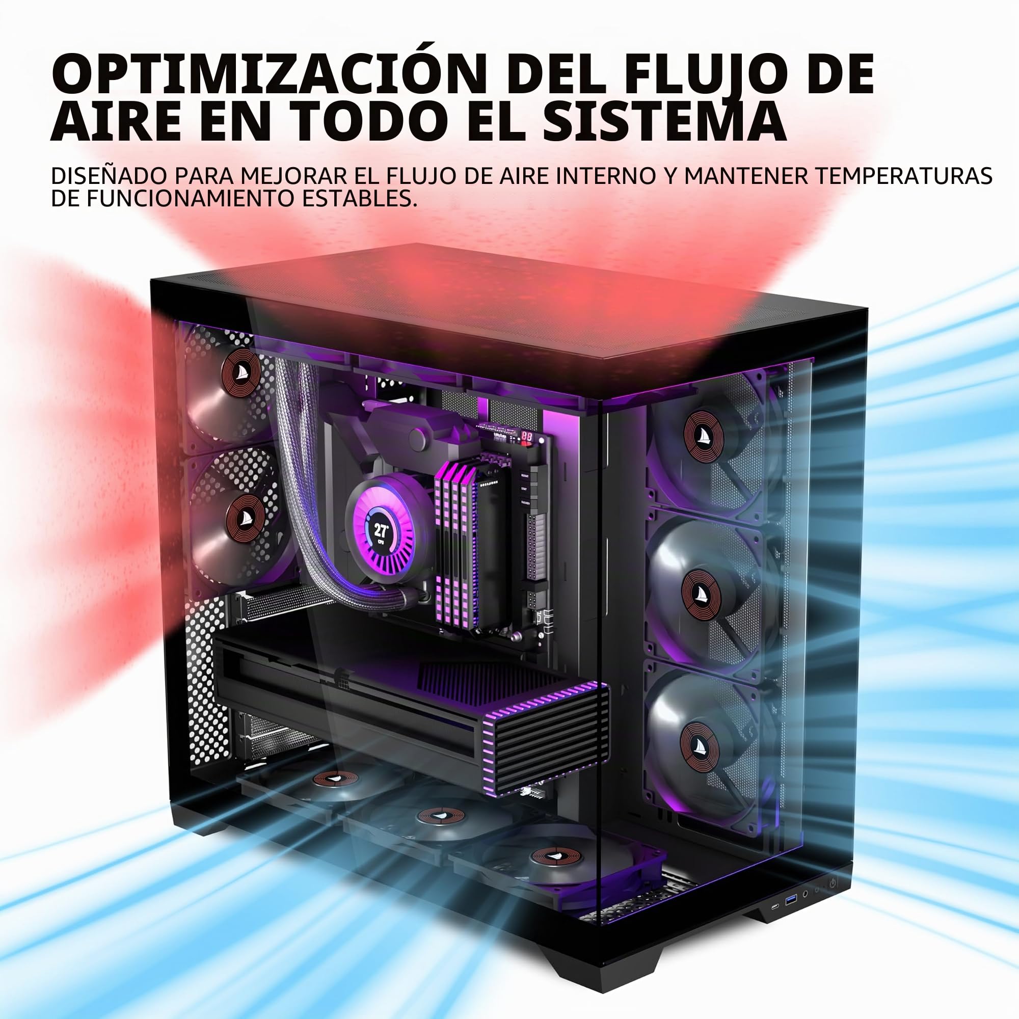 KEDIERS - Caja de ordenador con 5 ventiladores preinstalados, caja de juego ATX Mid Tower - Caja de ordenador con parte lateral abierta de cristal templado negro