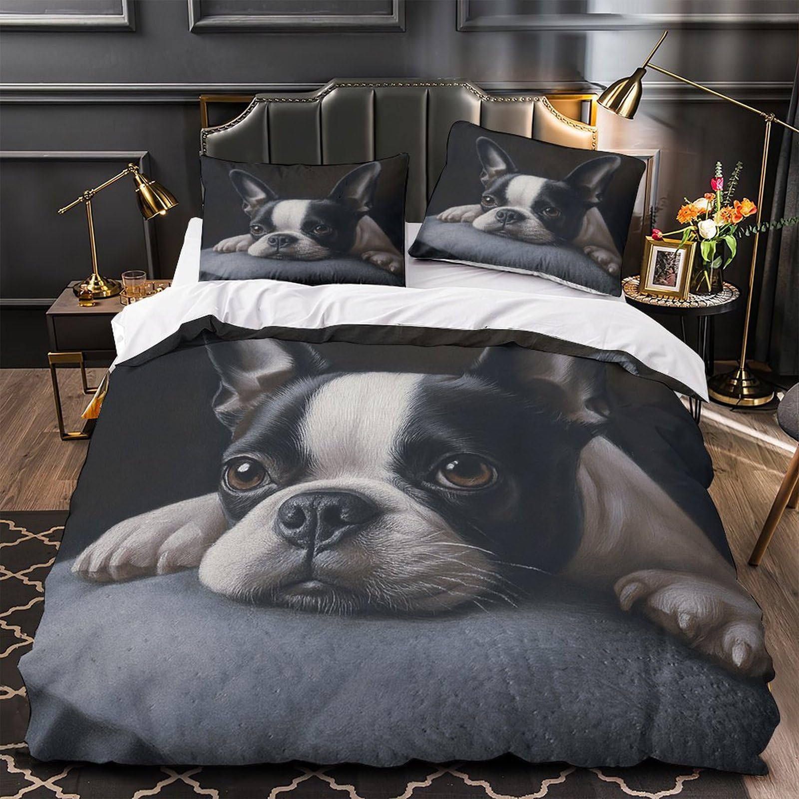 Housse de couette 135x200cm effet 3D portrait de Boston Terrier ultra douce