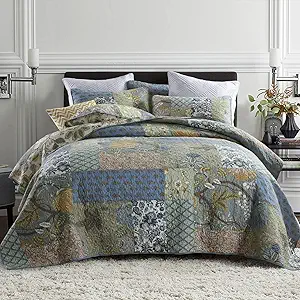 Secgo Twin Size Quilt Size - 100% Cotton Comforter Set Bedding Sets (68 * 86 Inch) with 2 Pillow Shams, Patchwork Reversible Lightweight Bedspread