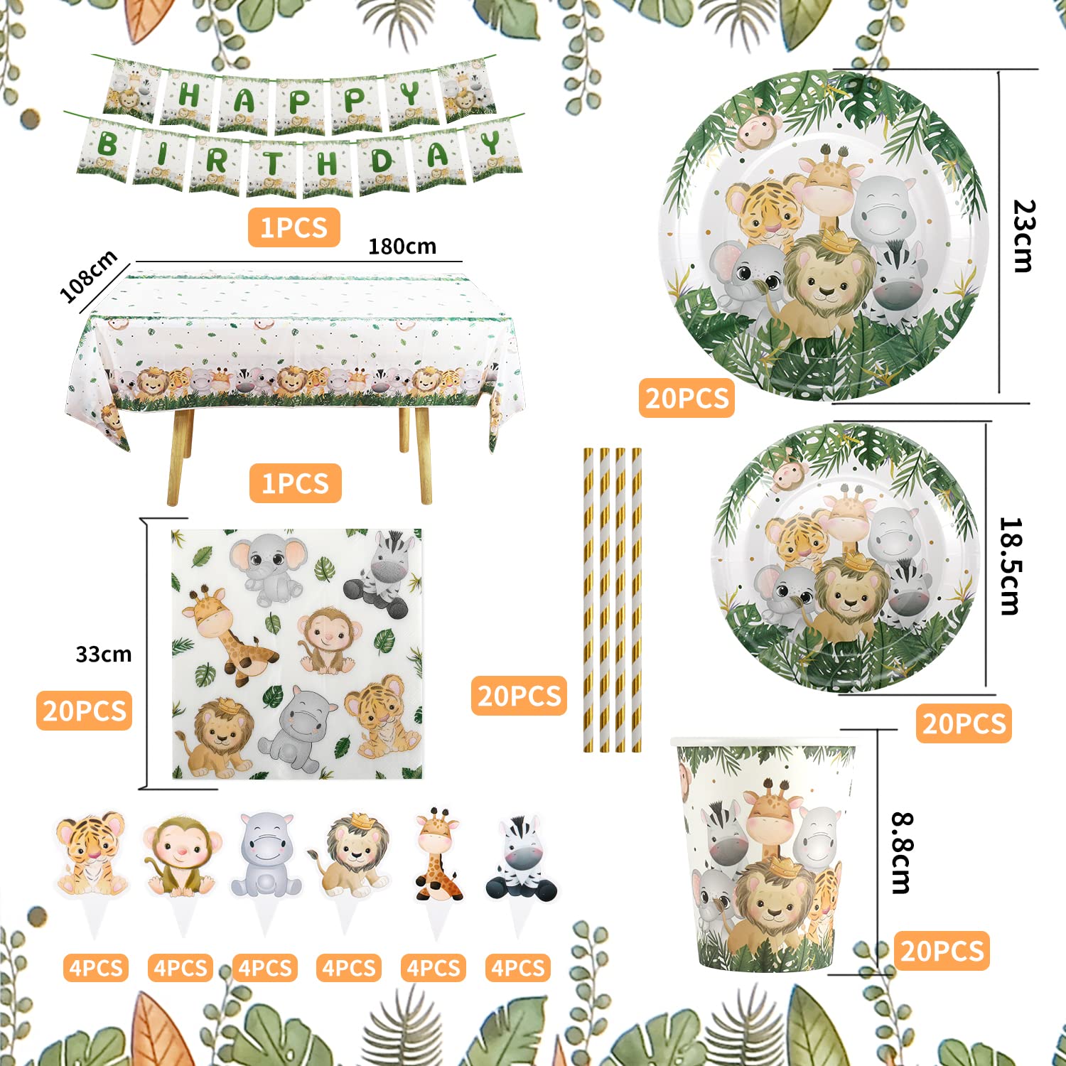 Vaisselle Jetable Thème Jungle Safari - Set Pour 10 Invités Anniversaire Enfant