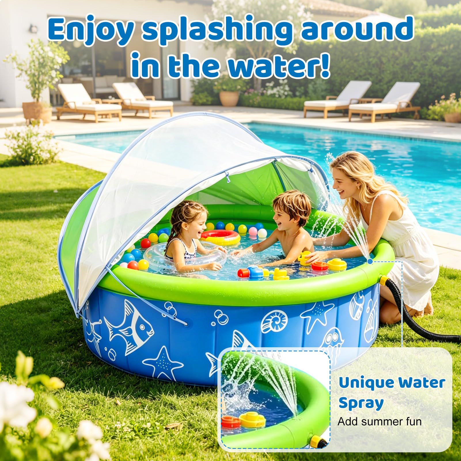 Planschbecken für Baby mit Dach, Strandmuschel Baby Planschbecken mit Sonnenschutz, Klappbarer Abnehmbares Kinderplanschbecke, Aufblasbar Babypool mit Wassersprühfür Strand, Urlaub, Camping (A)