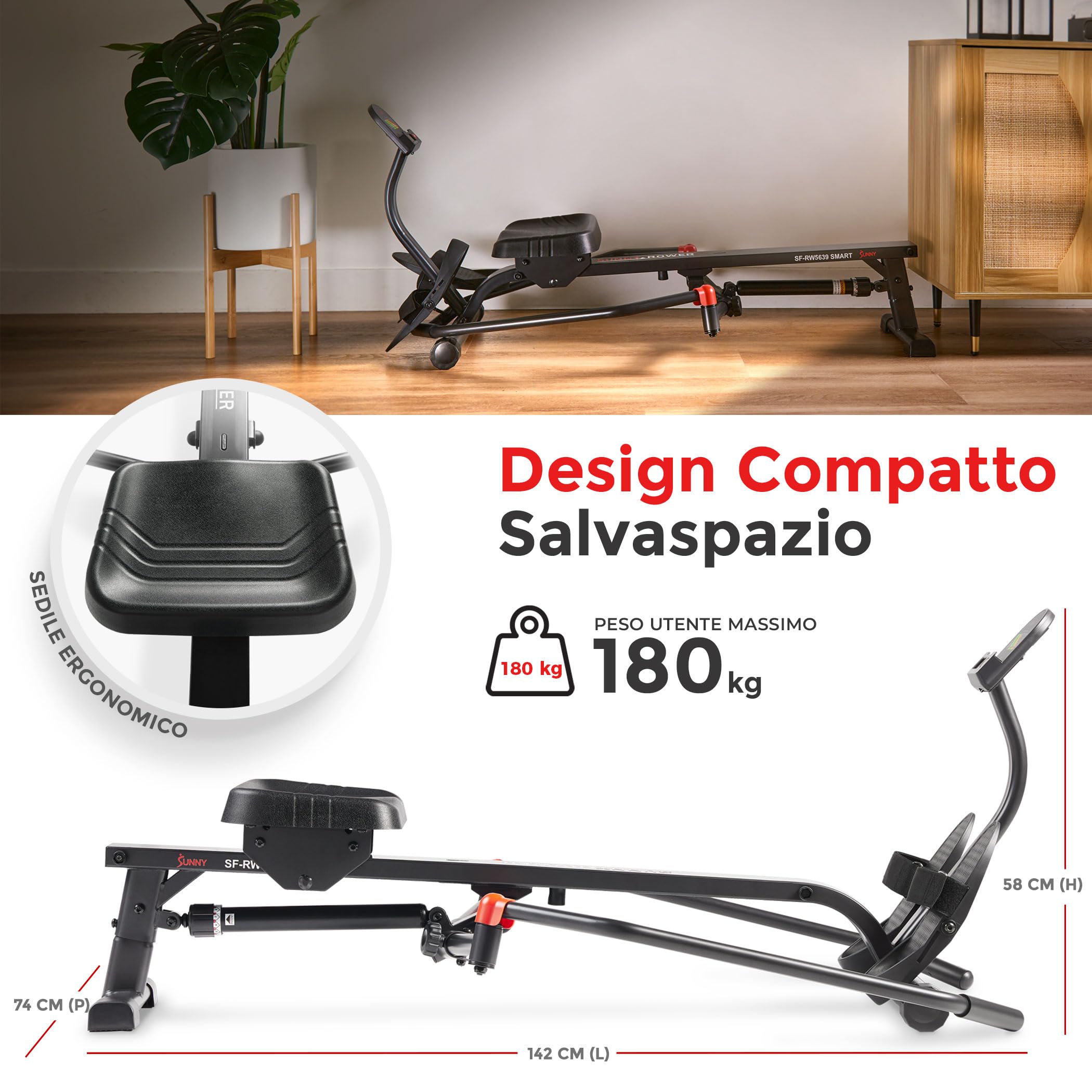 Sunny Health & Fitness Vogatore Compatto a Movimento Completo con Resistenza Regolabile, Rower per Allenamento a Basso Impatto e a Corpo Intero con Binario Lungo, Compatibile con l’App SunnyFit