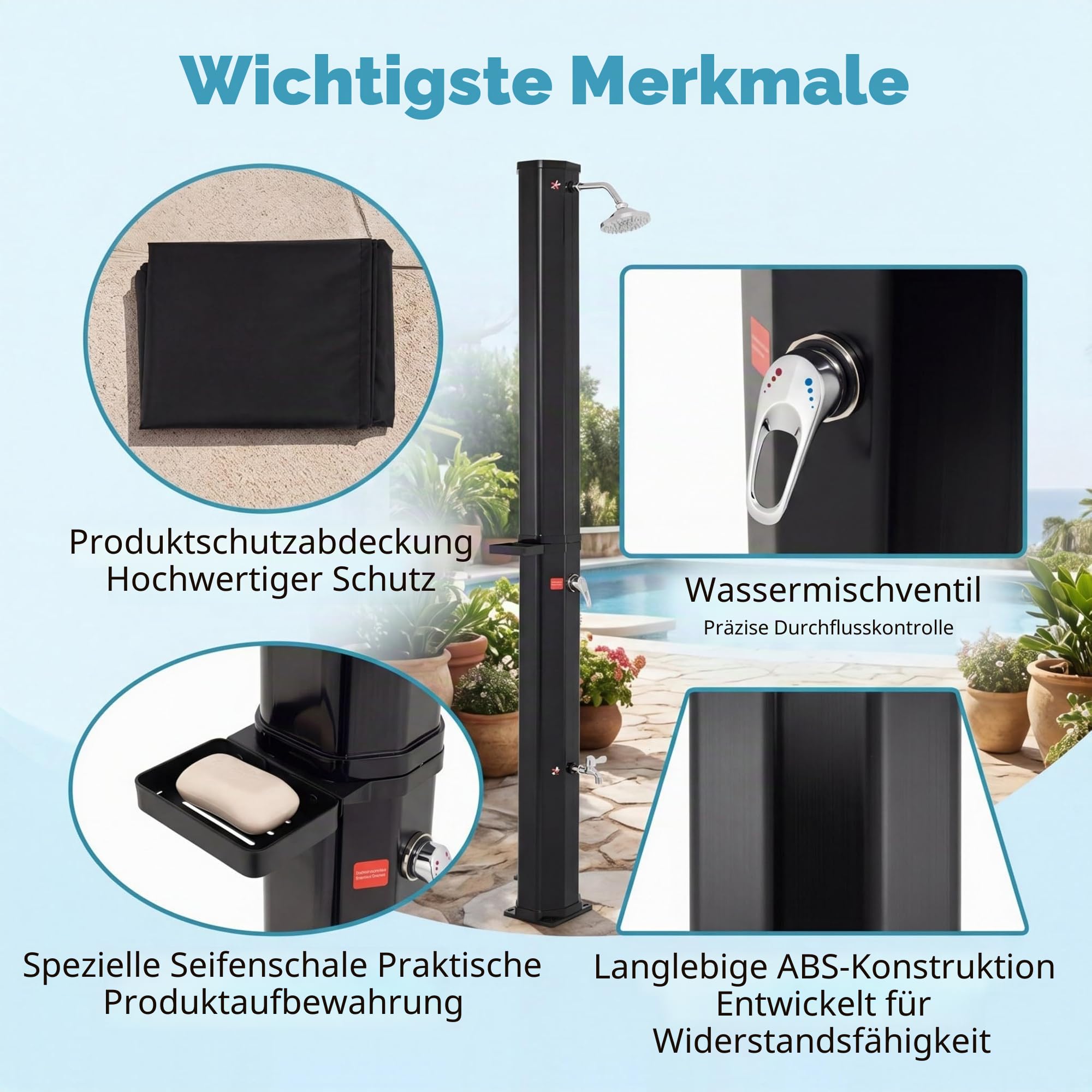 HOMASIS Solardusche 60L mit Ablage, Gartendusche mit Warmwasser bis 60°C, wetterfest Aussendusche für Garten & Pool inkl. Schutzhaube, 360° Duschkopf, Fußdusche & Wasserhahn (Schwarz)