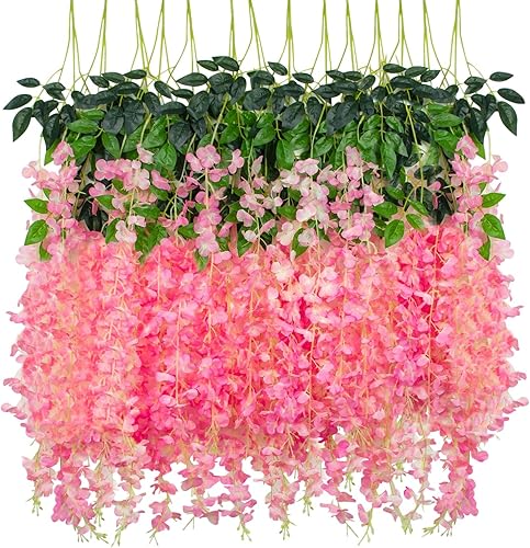 Paquete de 12 flores colgantes de glicina artificial, flores de glicina falsas, vides de seda, decoración de ratán para el hogar, boda, arco, pared,