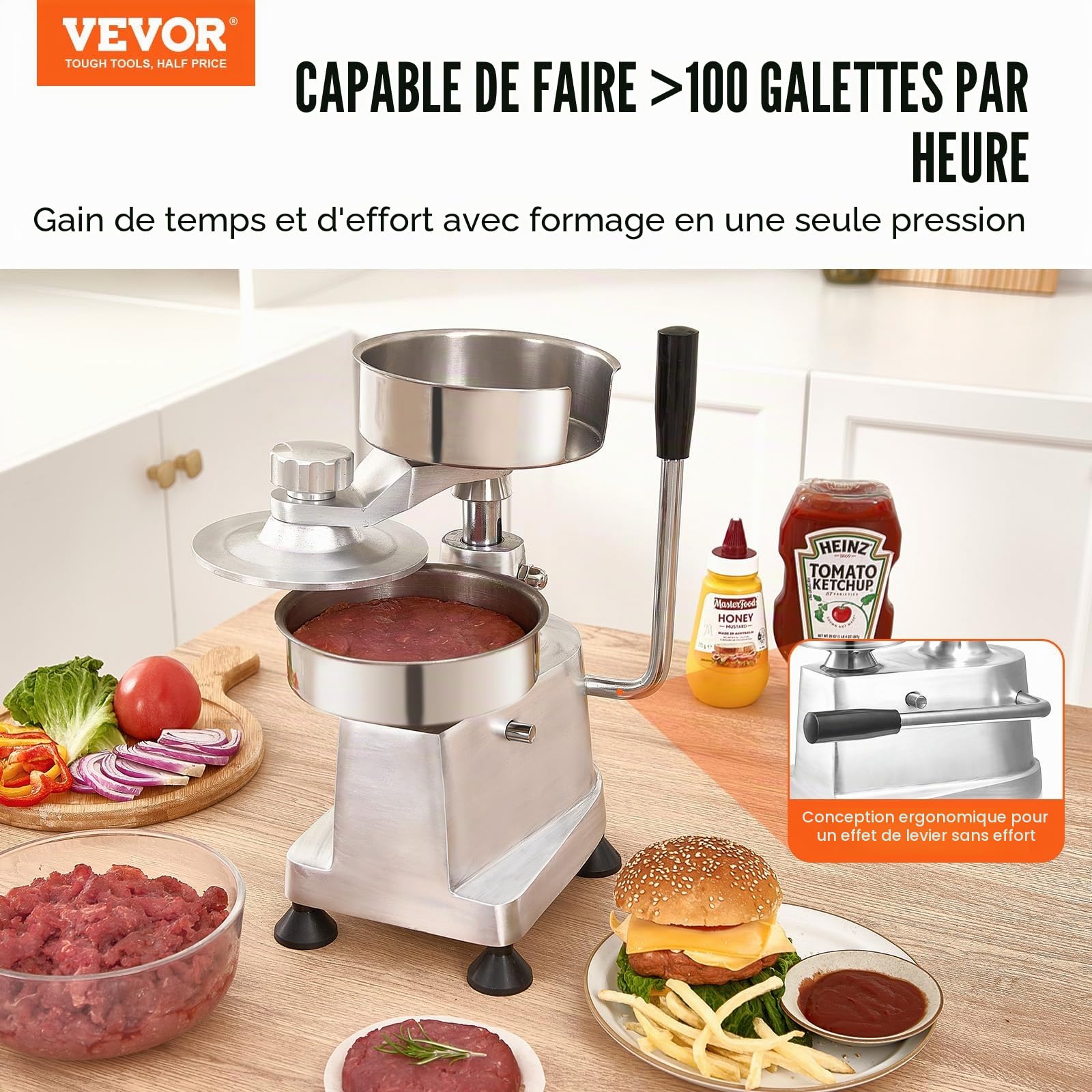 VEVOR Presse à Hamburger Commerciale 100/130/150 mm de Diamètre Machine à Burger Manuelle en INOX SUS304 Presse Steak Haché avec Poignée Ergonomique Papiers Gants pour Hamburgers Galettes Barbecue