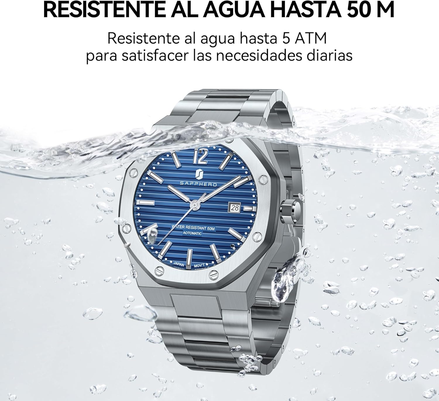 SAPPHERO Men's Watch Octagonal Stainless Steel Luminous Wristwatch Luxury Analog Quartz Watch for Men with Date Elegant Mens - Image 2