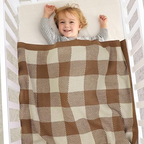 Miniatura 3 de LAWKUL Mantas de ganchillo café para bebé, manta de punto trenzado celular para recién nacidos, manta de cuna para niños y niñas, mantas de género