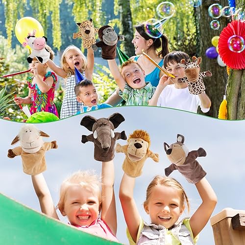 Miniatura 6 de Poen 9 marionetas de mano de animales de 10 pulgadas, marionetas de mano de felpa suave con bocas abiertas movibles, marionetas de animales para