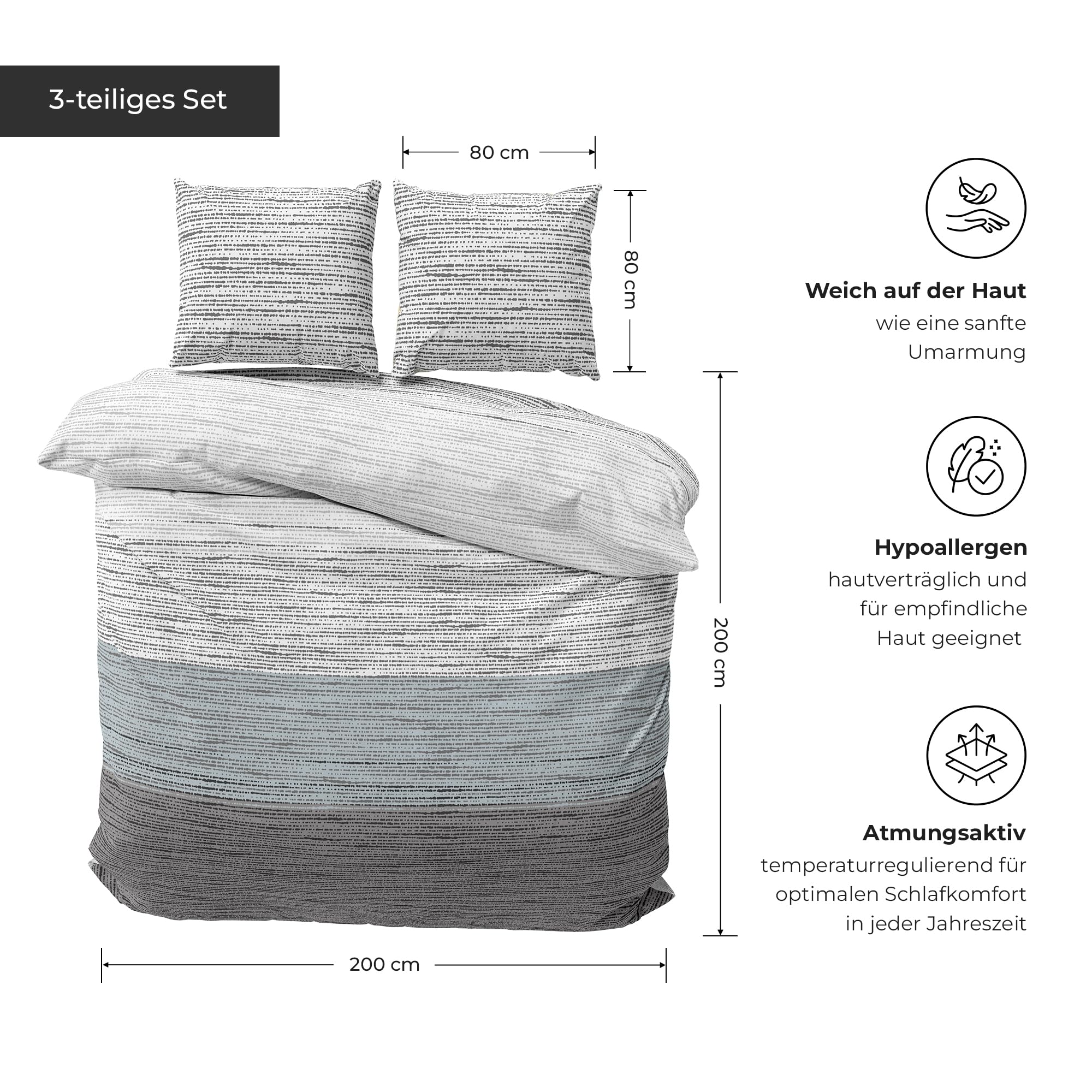 Ropa de cama premium de 200 x 200 cm, 100 % algodón transpirable con cremallera, color gris y azul claro, 3 piezas, funda nórdica de 200 x 200 cm y 2 fundas de almohada de 80 x 80 cm