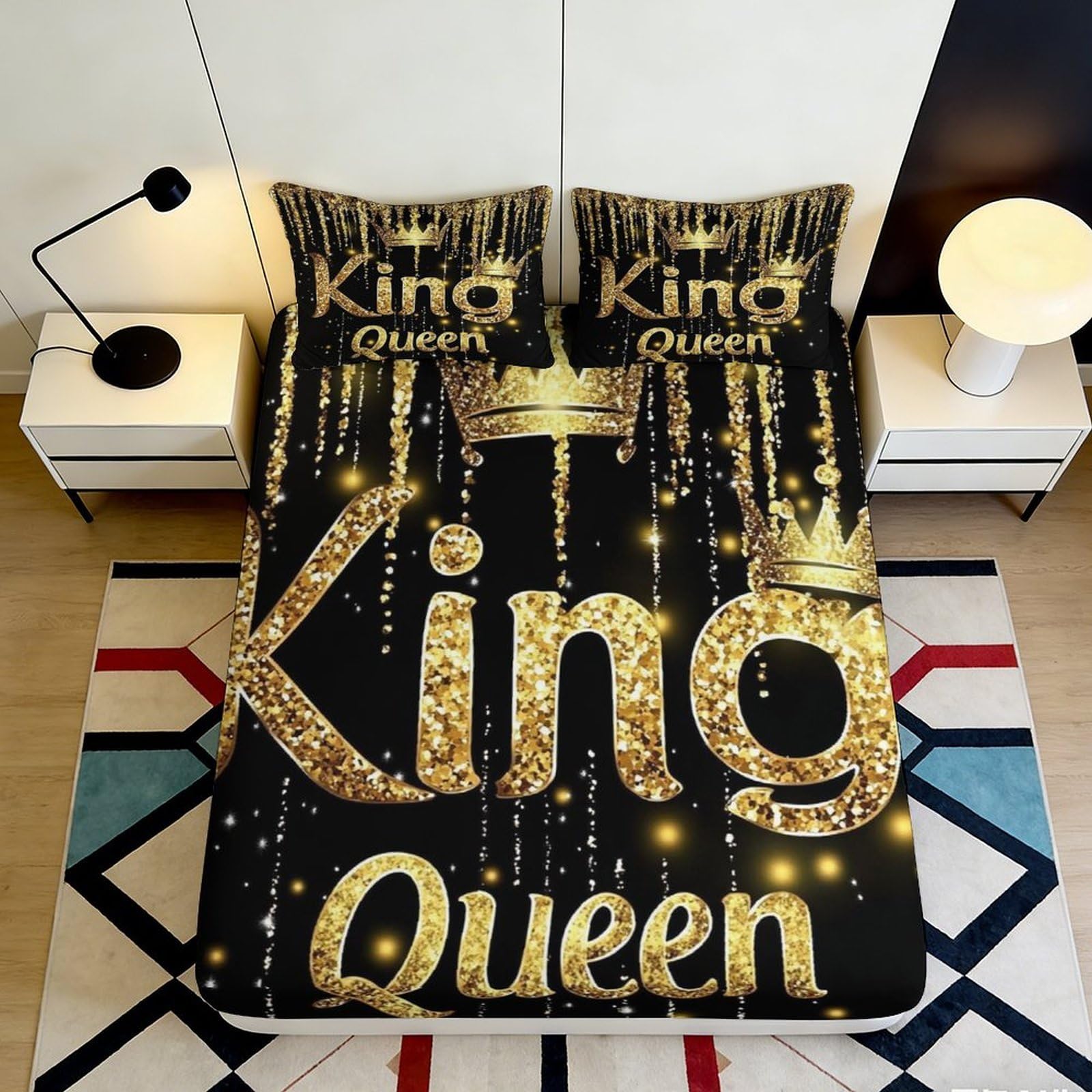 3D Printed Crown Gold Black Fitted Sheet Microfiber Soft Queen King Bed Cover for Bedroom Dorm Mattress Protection 90x200x25cm