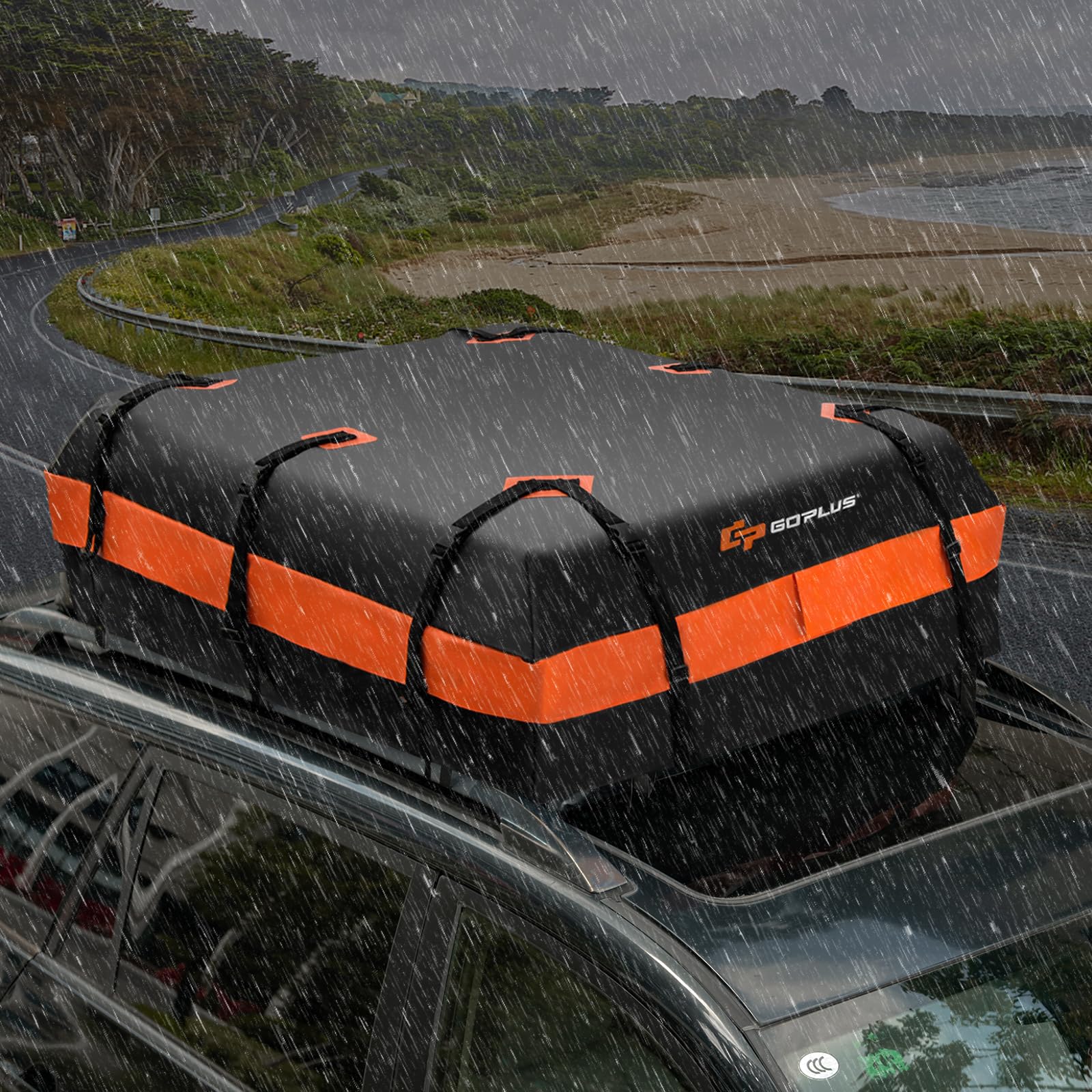 GOPLUS Baúl de techo para coche de 600 L, plegable, impermeable, con 10 correas reforzadas, 6 ganchos para puerta, alfombrilla antideslizante y bolsa de almacenamiento, bolsa de techo para vehículos