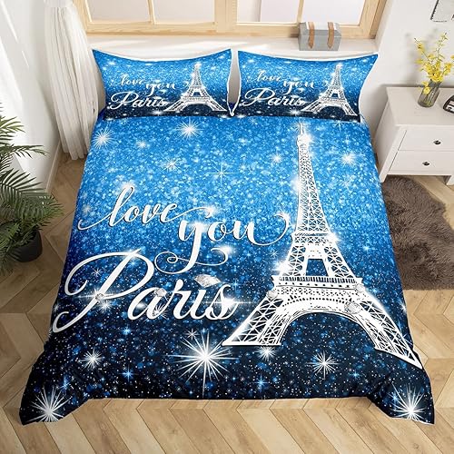 Erosebridal Juego de ropa de cama de París para niñas y adolescentes, funda de edredón de la Torre Eiffel, tamaño Queen, funda de edredón de