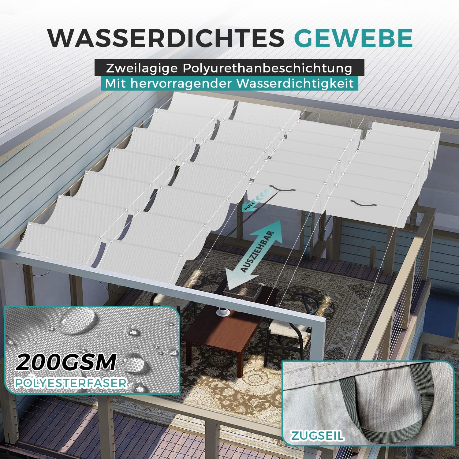 Einziehbare Welle Sonnensegel, Nach Maß, UV-Schutz 95%, weiß 0.9x4m