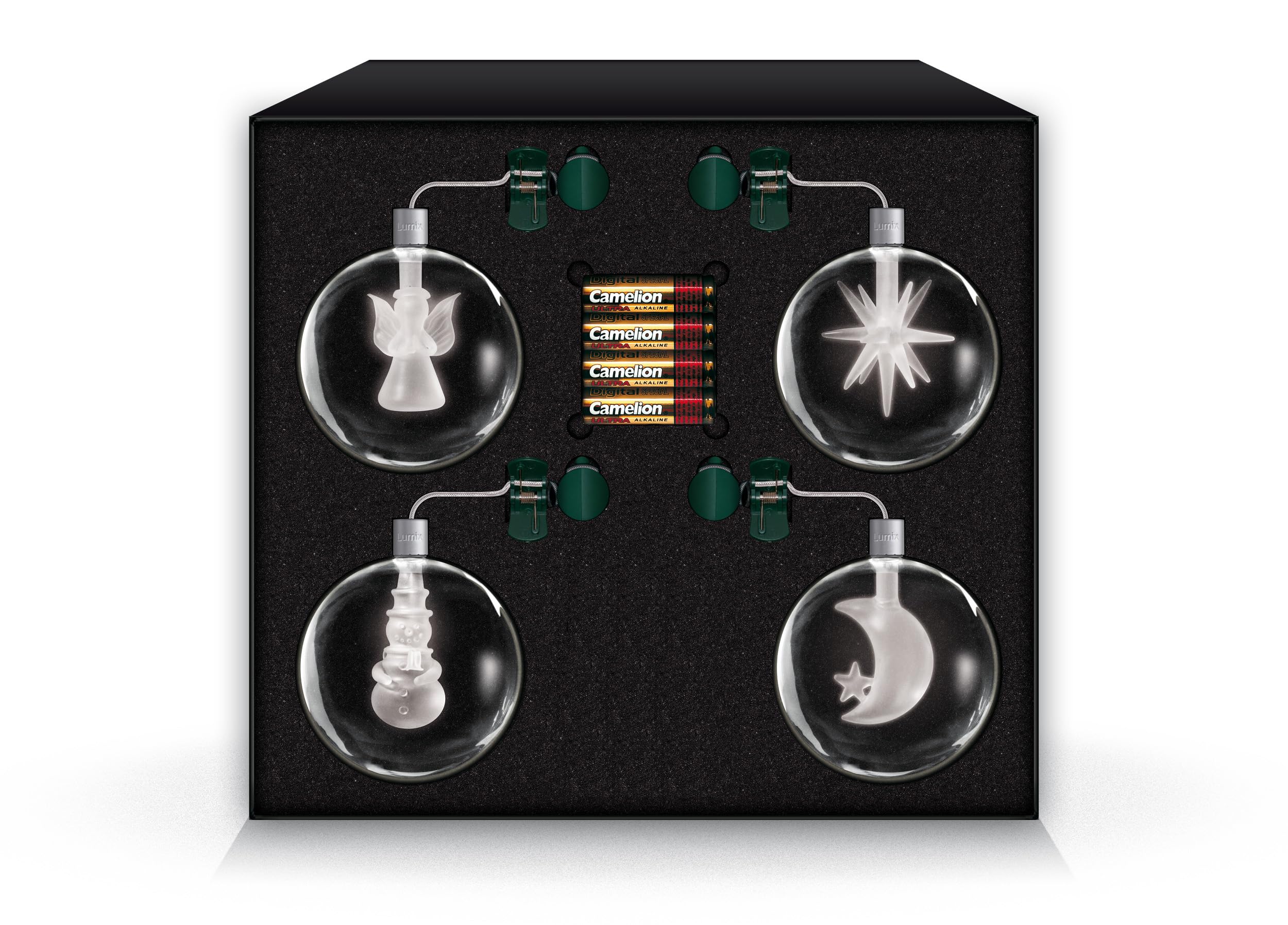 Lumix Light Balls von Krinner 76000-4x mundgeblasene Glaskugeln mit verschiedenen Motiven, warm-weiße LED inkl. Funk-Fernbedienung und Batterien, Weihnachtsdekoration und Christbaumschmuck
